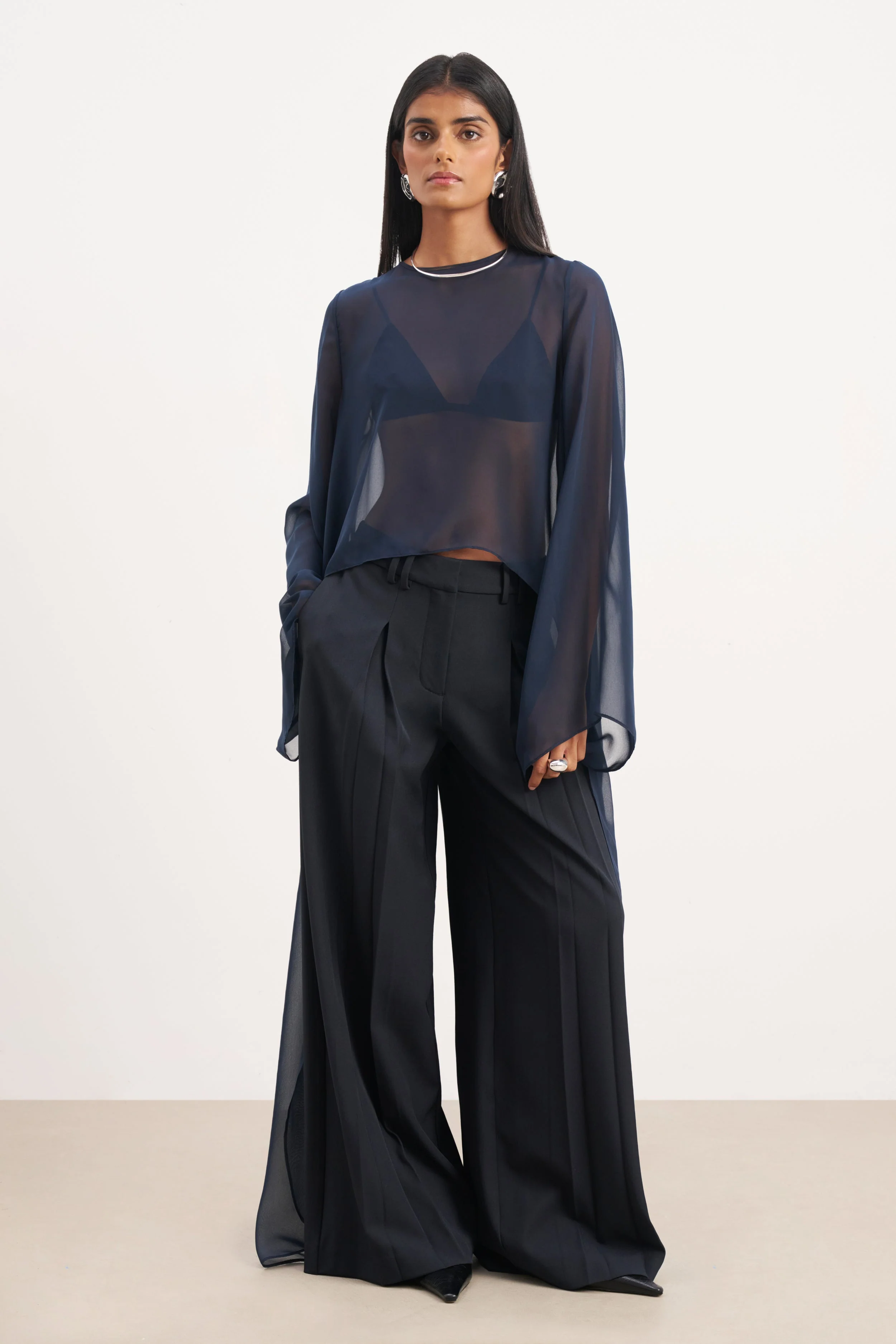 Box Pleat Tailored Wide Leg Trousers - Navy - Image 3