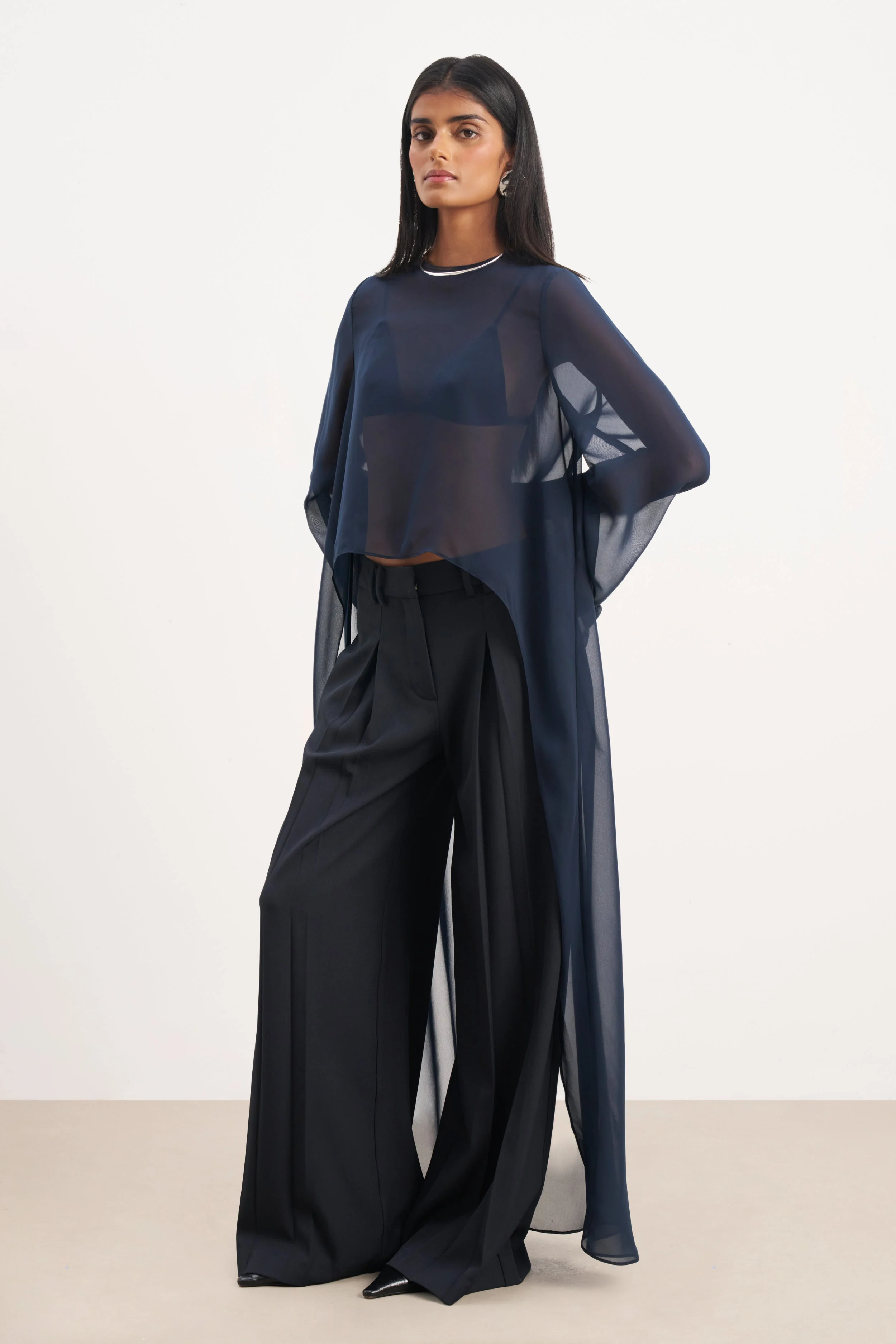 Box Pleat Tailored Wide Leg Trousers - Navy - Image 5