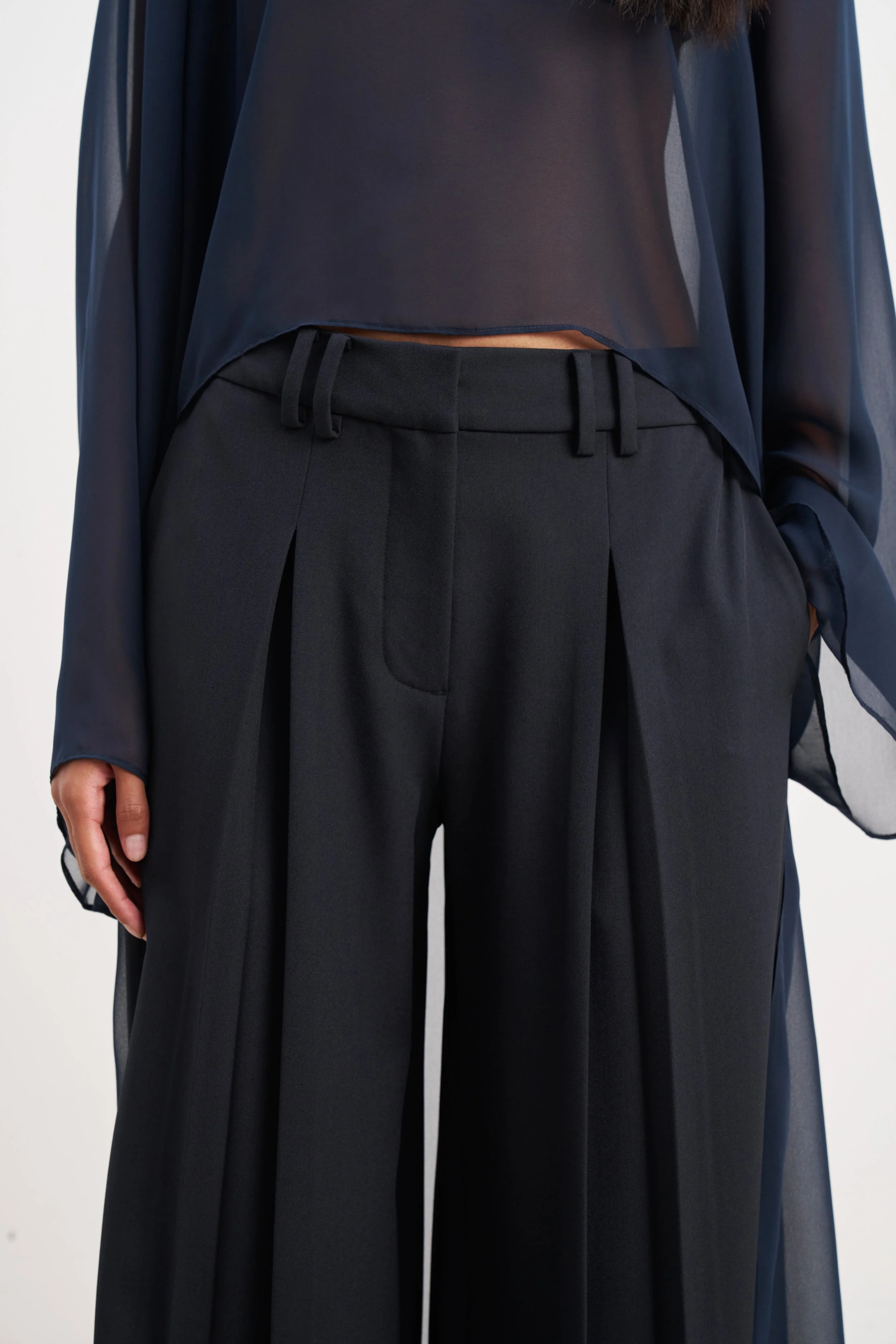 Box Pleat Tailored Wide Leg Trousers - Navy - Image 6