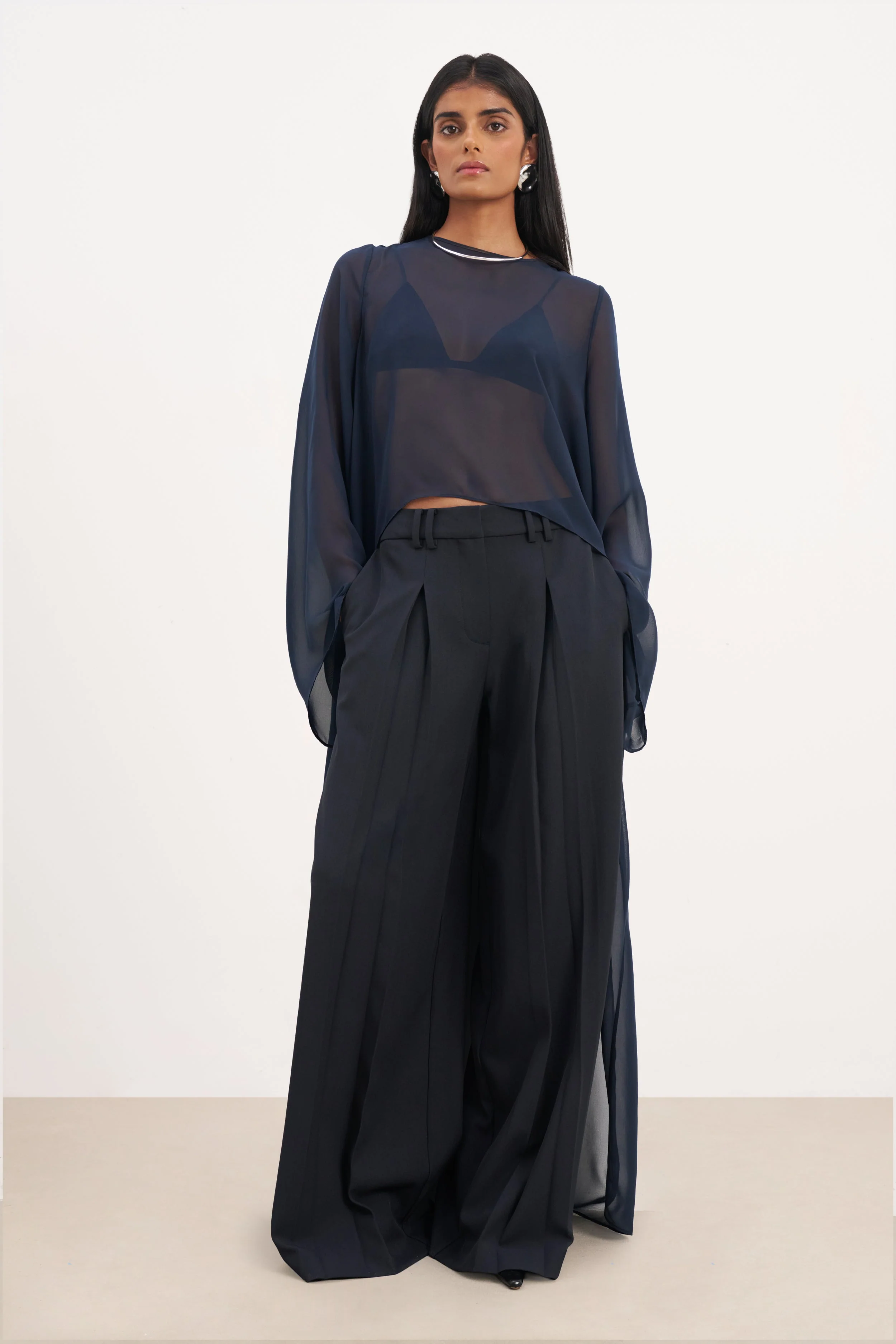 Box Pleat Tailored Wide Leg Trousers - Navy - Image 7