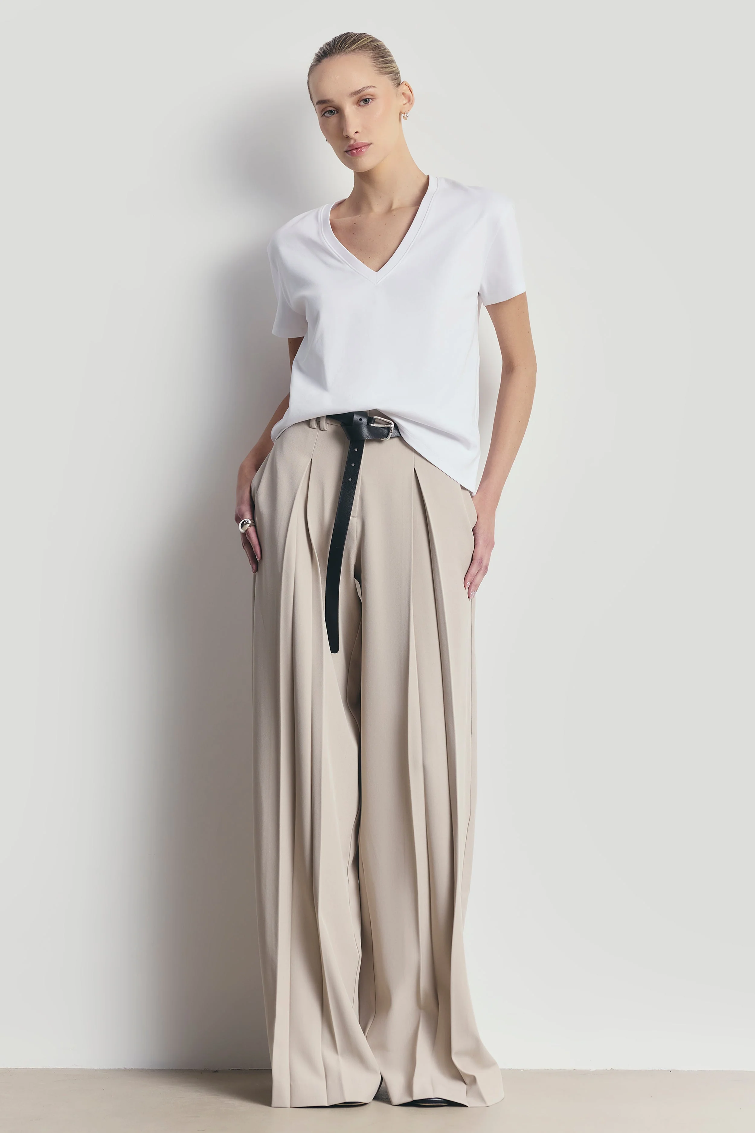 Box Pleat Tailored Wide Leg Trousers - Stone - Image 5
