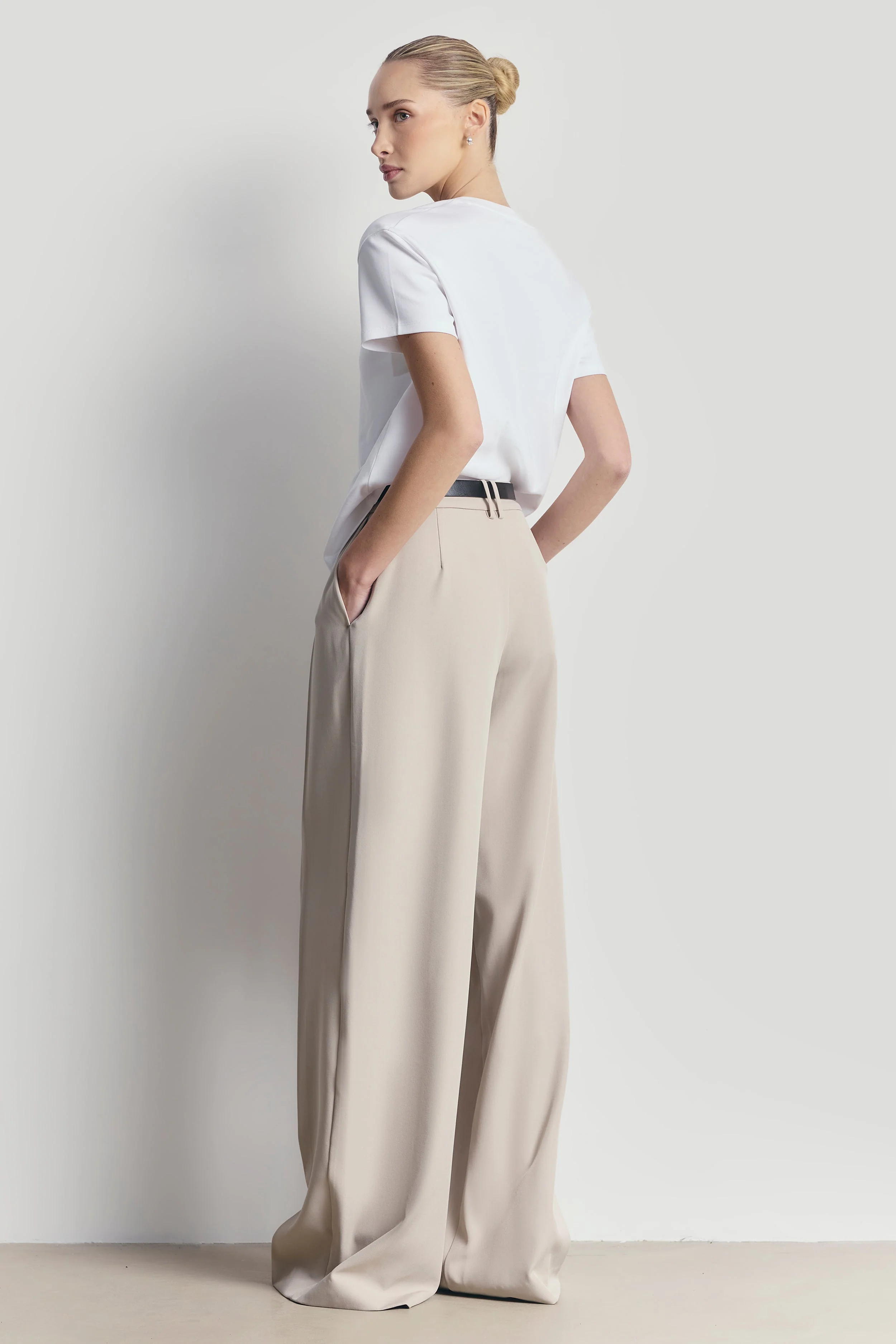 Box Pleat Tailored Wide Leg Trousers - Stone - Image 7