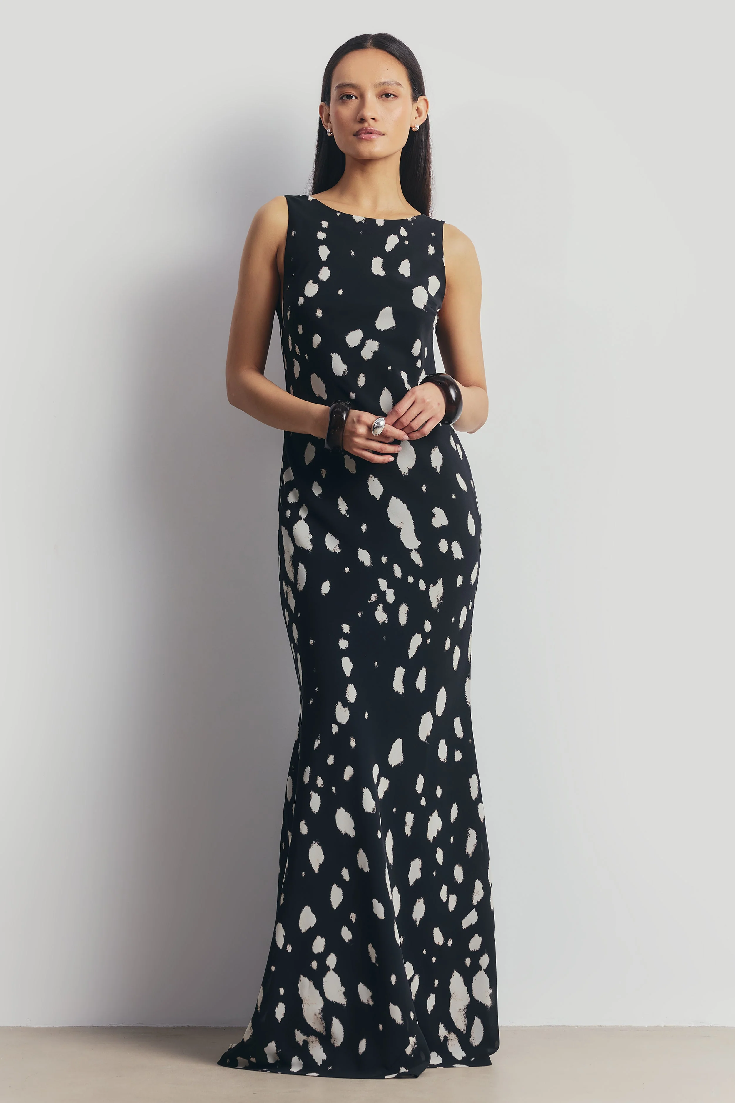 Chiffon Backless Cowl Maxi Dress - Abstract Dot - Image 5