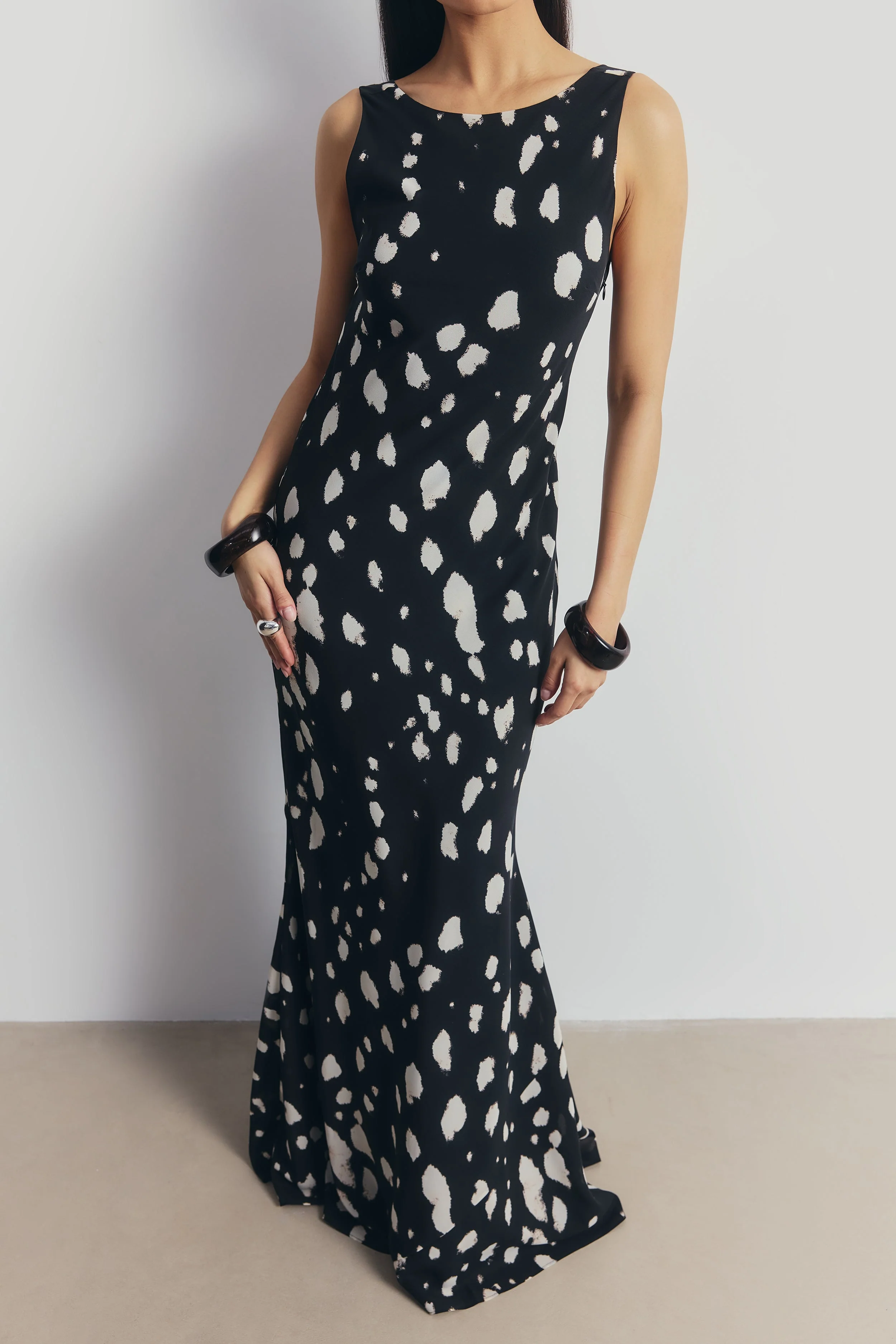 Chiffon Backless Cowl Maxi Dress - Abstract Dot - Image 8