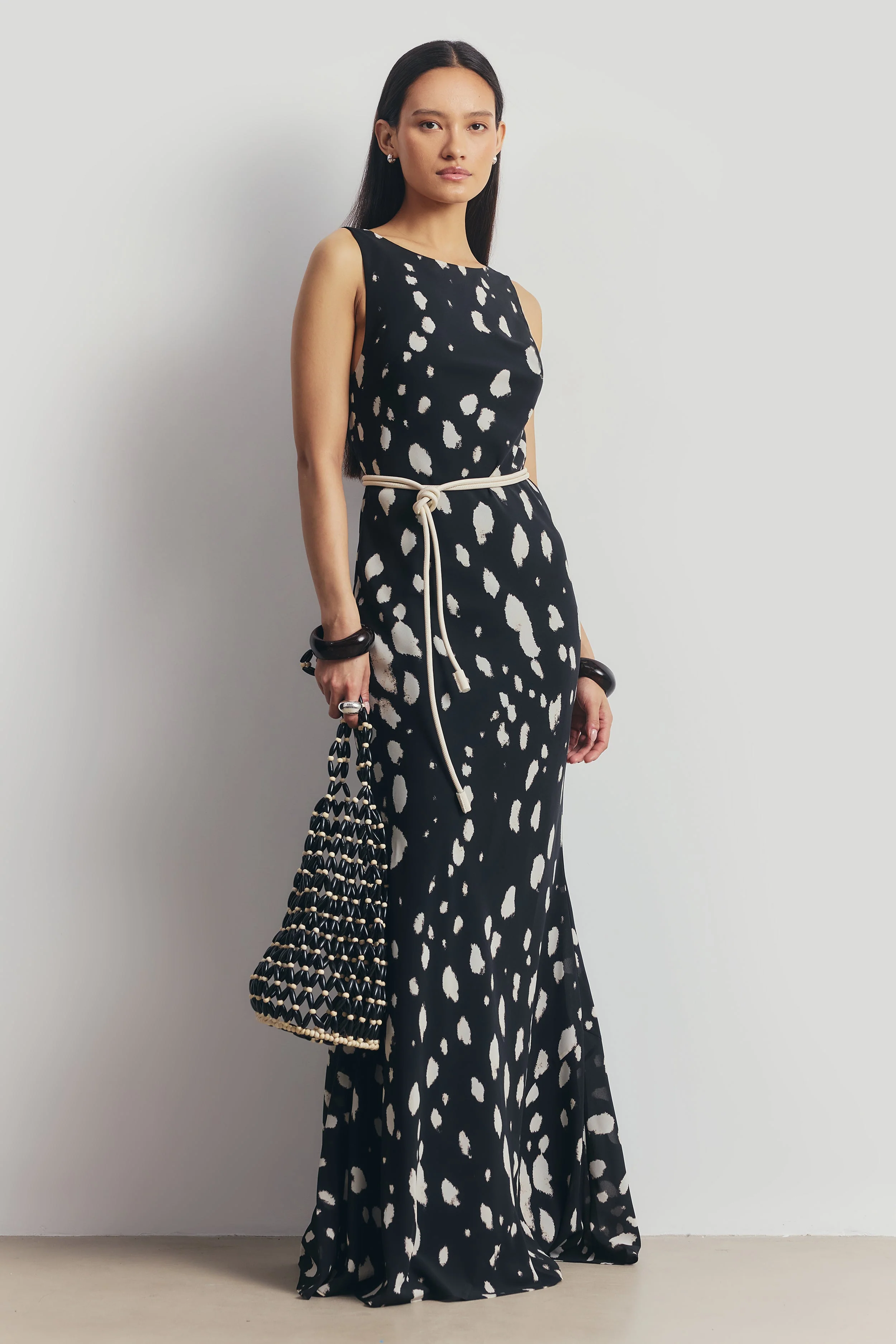 Chiffon Backless Cowl Maxi Dress - Abstract Dot - Image 9