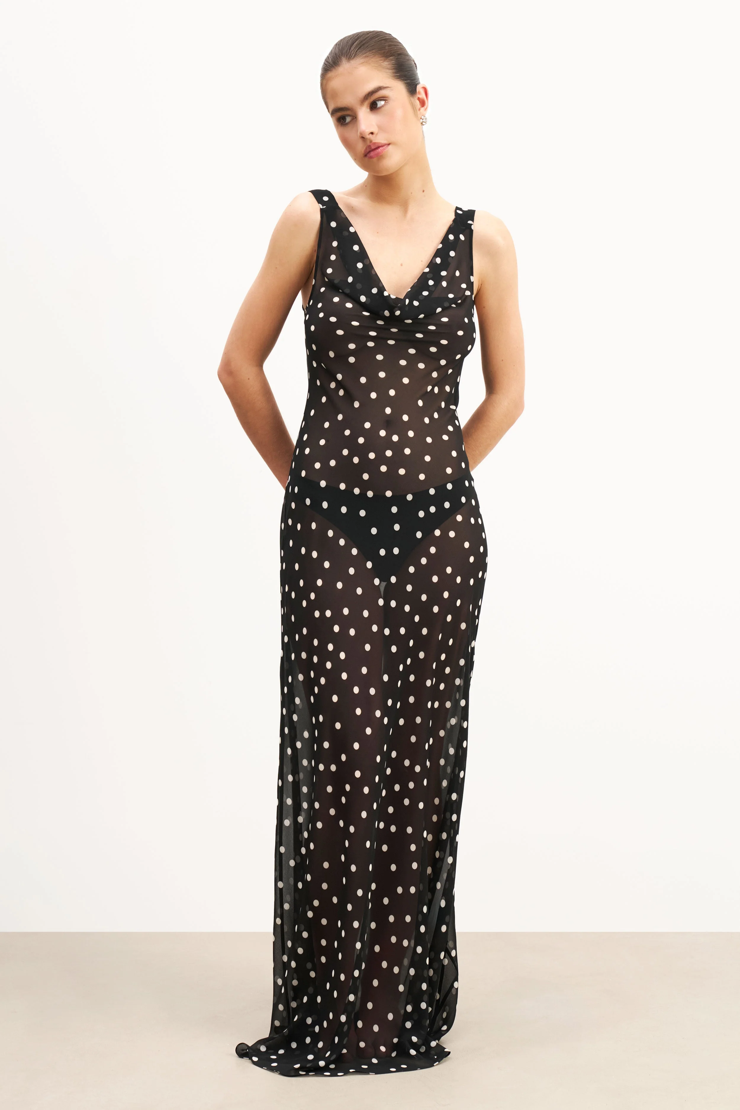 Chiffon Cowl Neck Gown - Maxi Polka Dot - Image 5