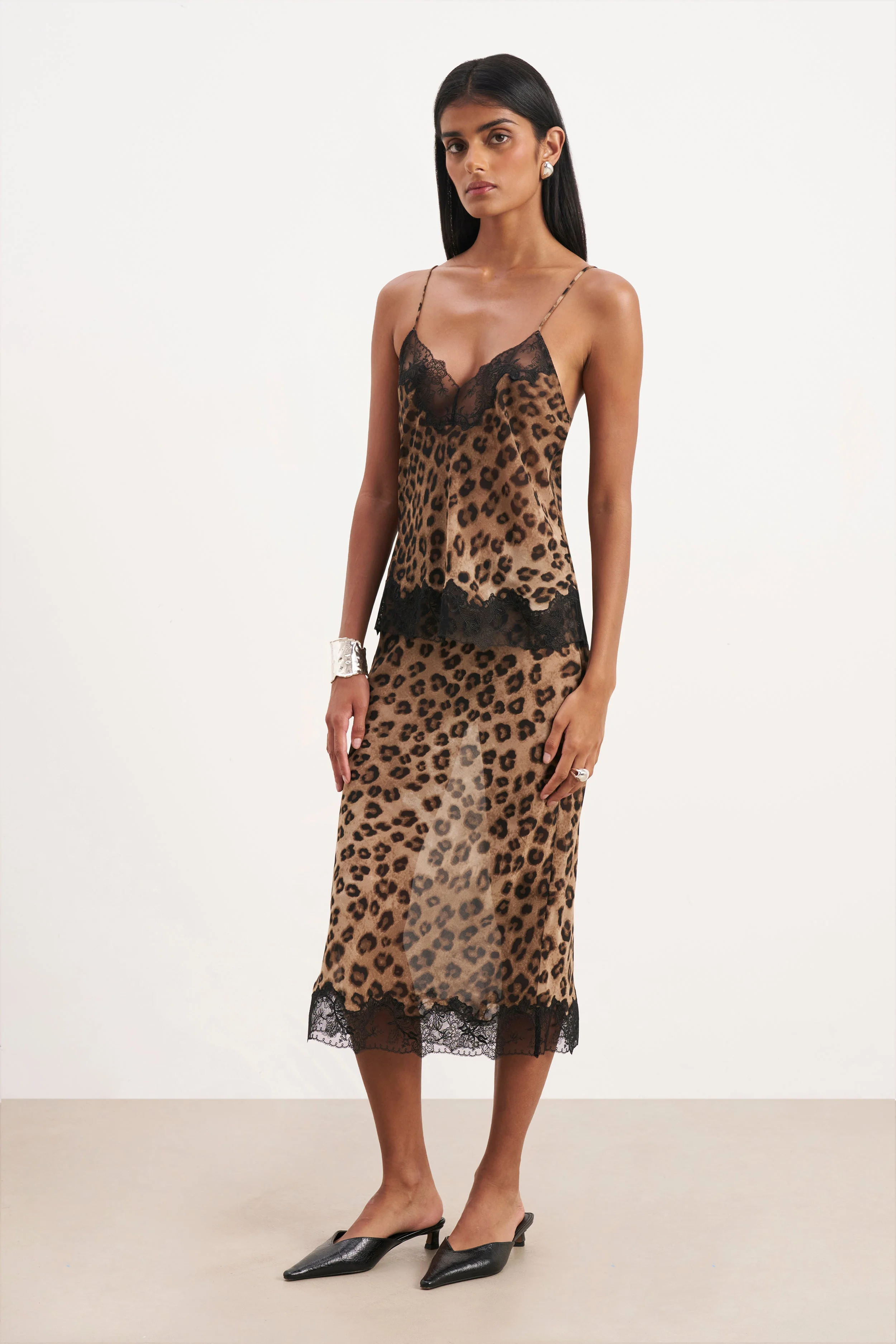Chiffon Lace Detail Midi Skirt - Leopard Print - Image 3