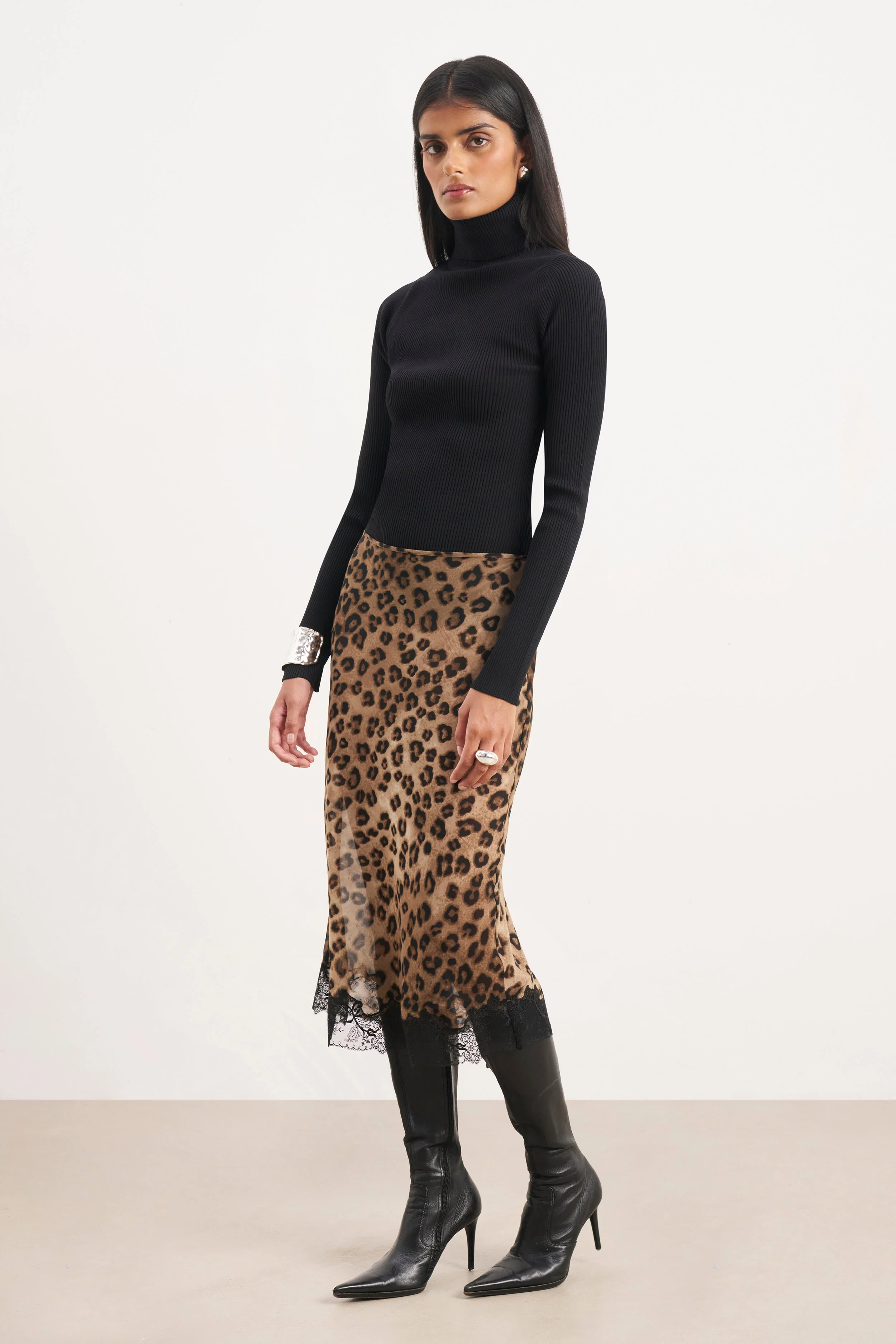 Chiffon Lace Detail Midi Skirt - Leopard Print - Image 8