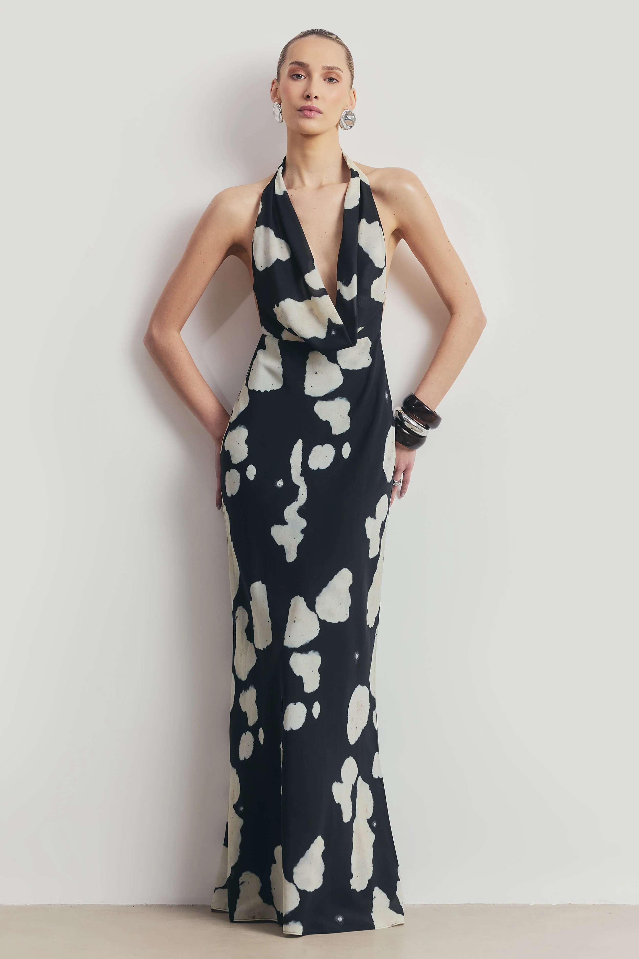 Chiffon Plunging Cowl Neck Maxi Dress - Abstract Pebble - Image 4