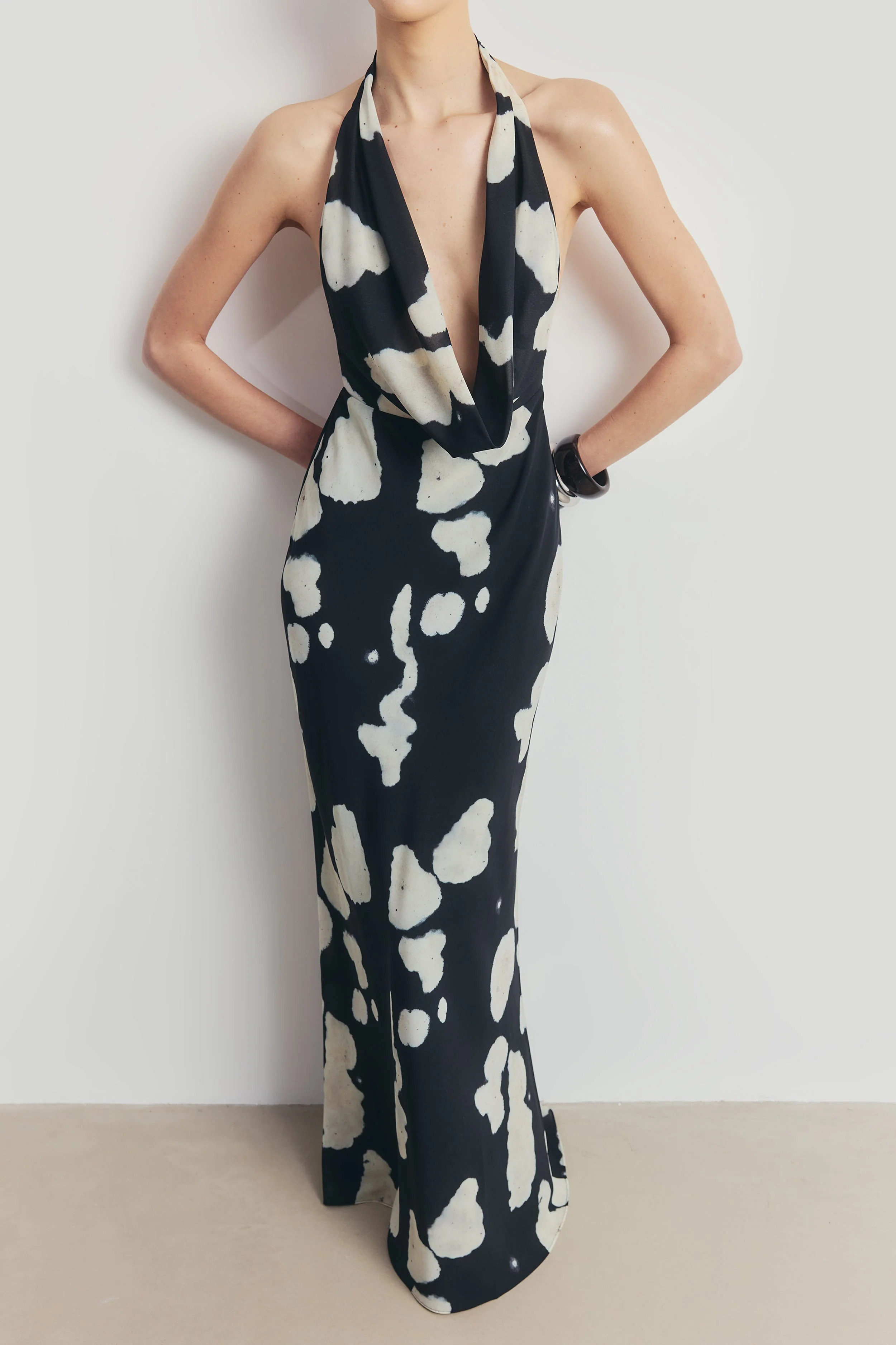 Chiffon Plunging Cowl Neck Maxi Dress - Abstract Pebble - Image 6