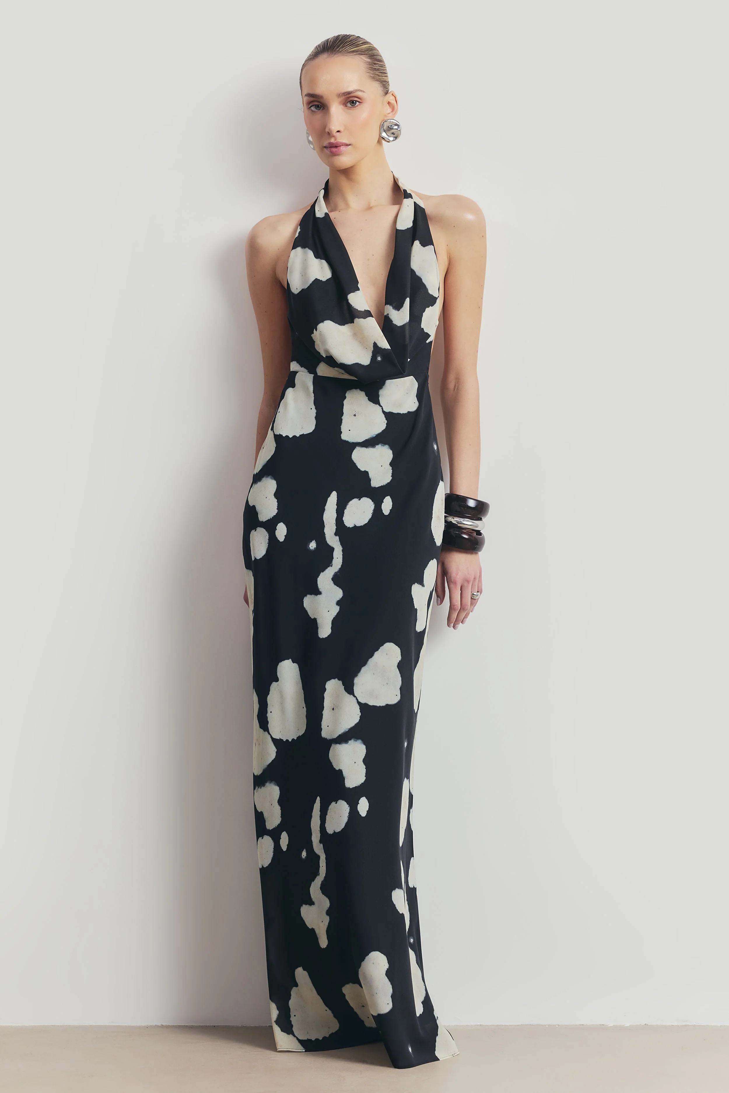 Chiffon Plunging Cowl Neck Maxi Dress - Abstract Pebble - Image 7