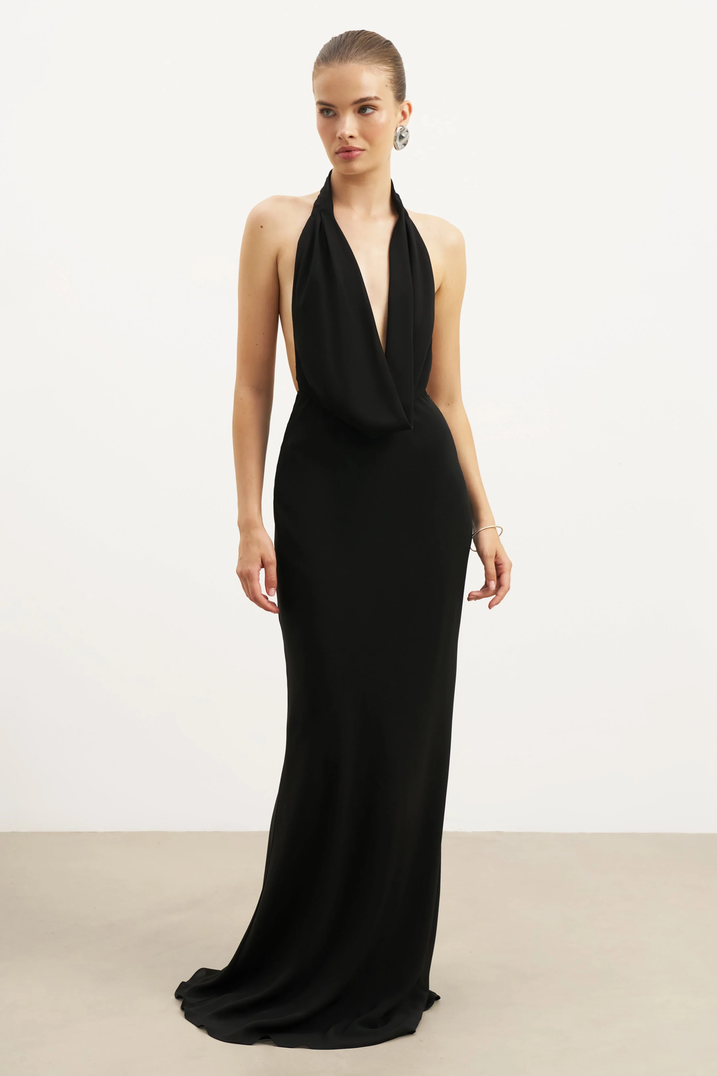 Chiffon Plunging Cowl Neck Maxi Dress - Black - Image 4