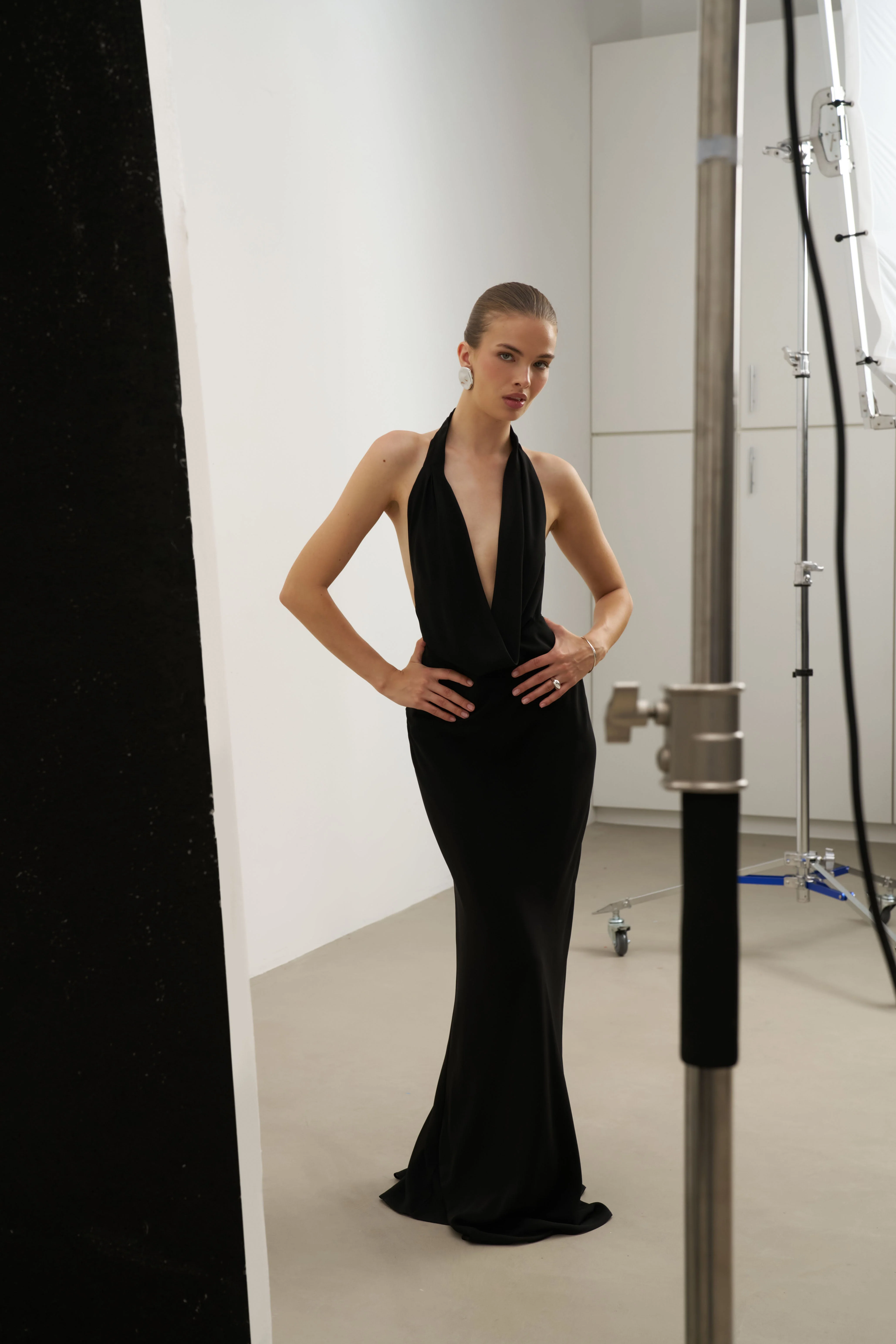 Chiffon Plunging Cowl Neck Maxi Dress - Black - Image 8