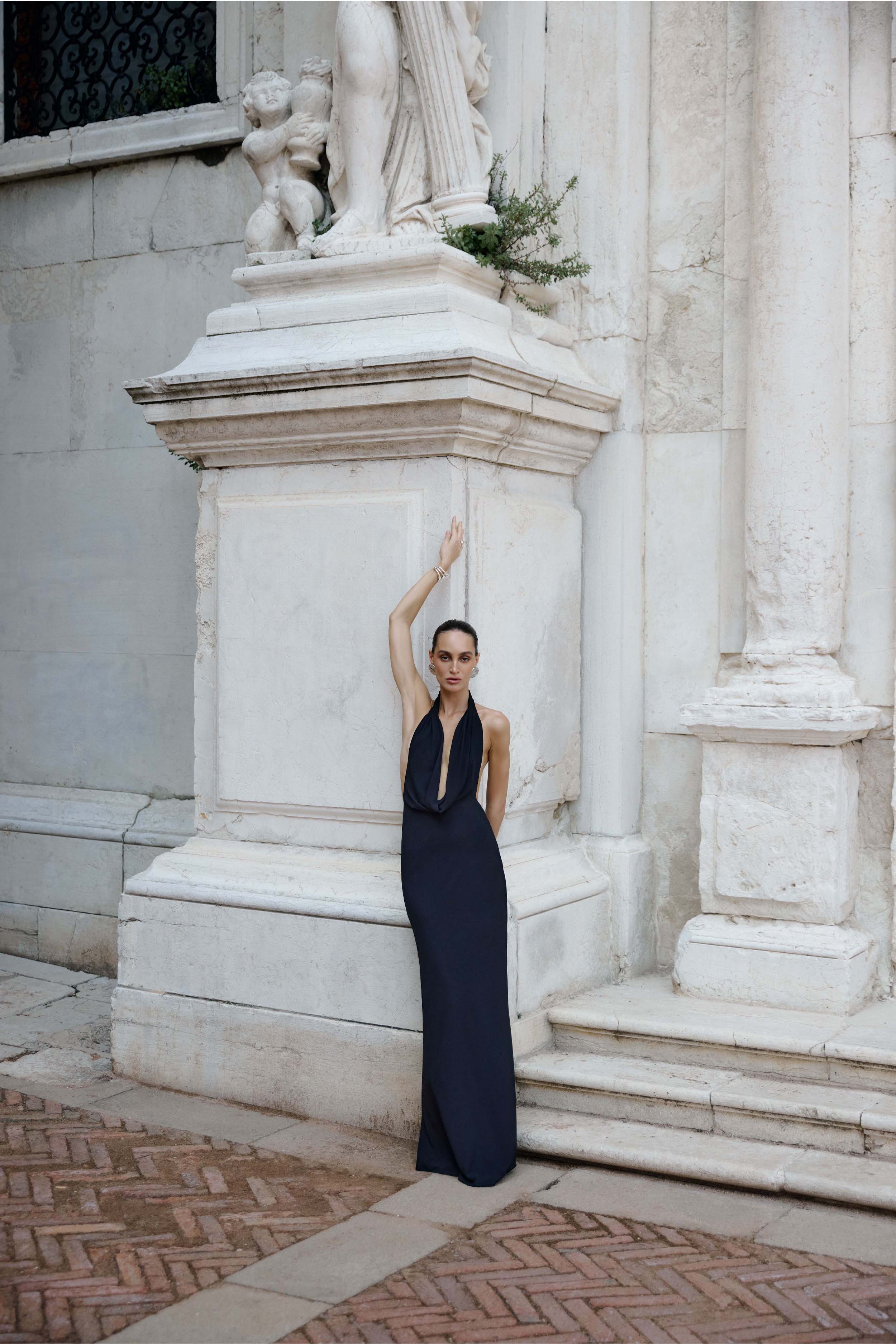 Chiffon Plunging Cowl Neck Maxi Dress - Black - Image 9