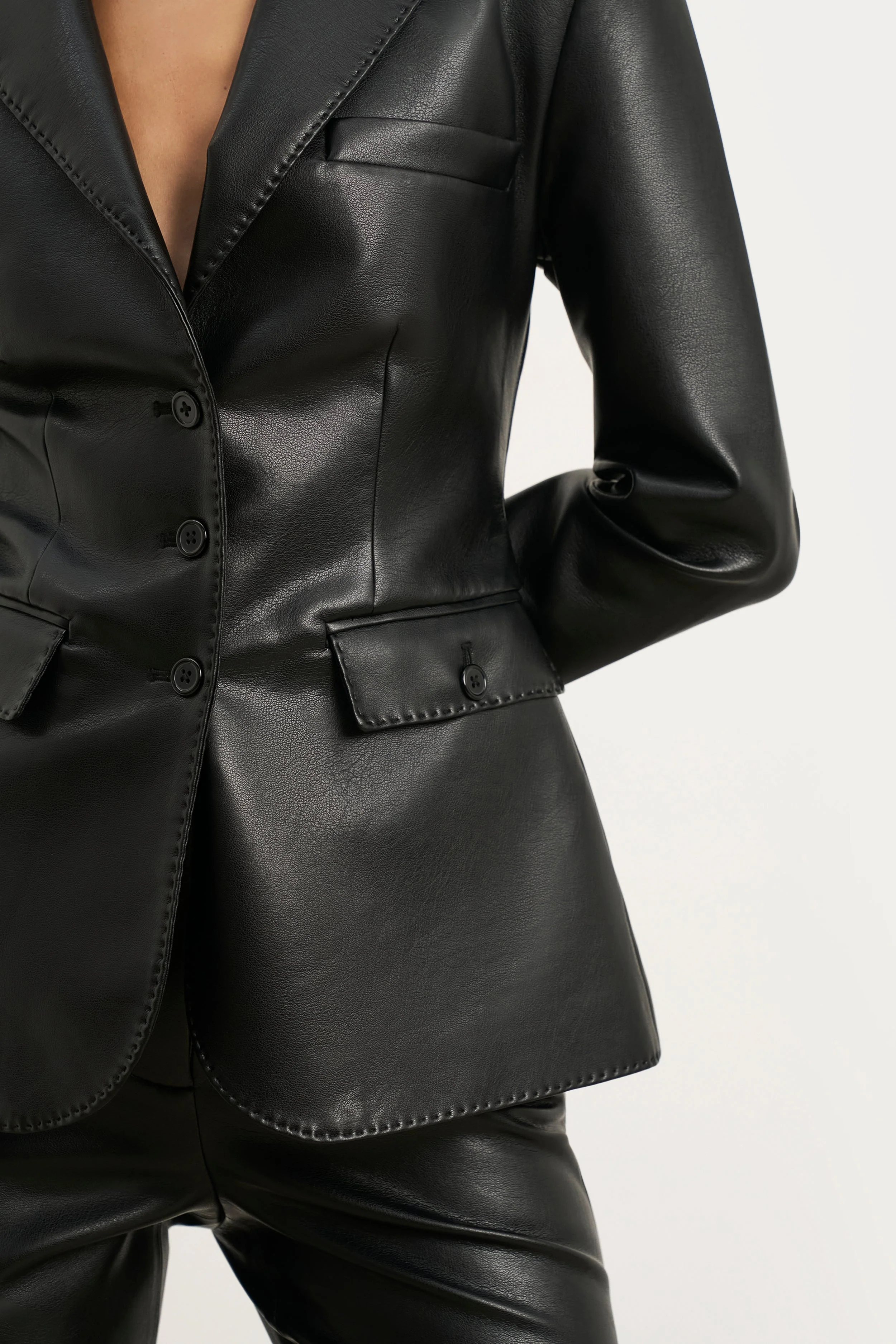 Cinched Waist Leather Blazer - Black - Image 5