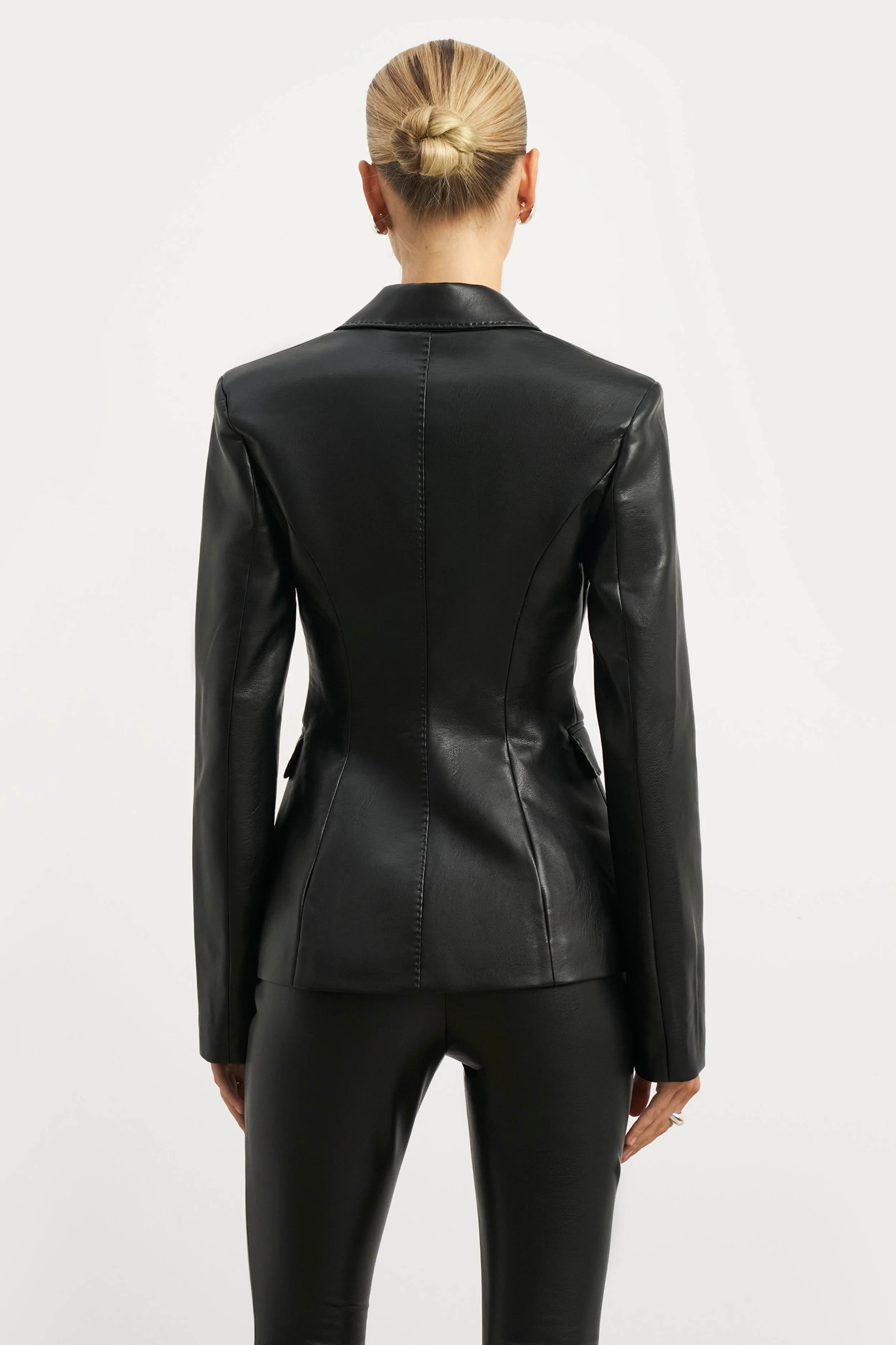 Cinched Waist Leather Blazer - Black - Image 7