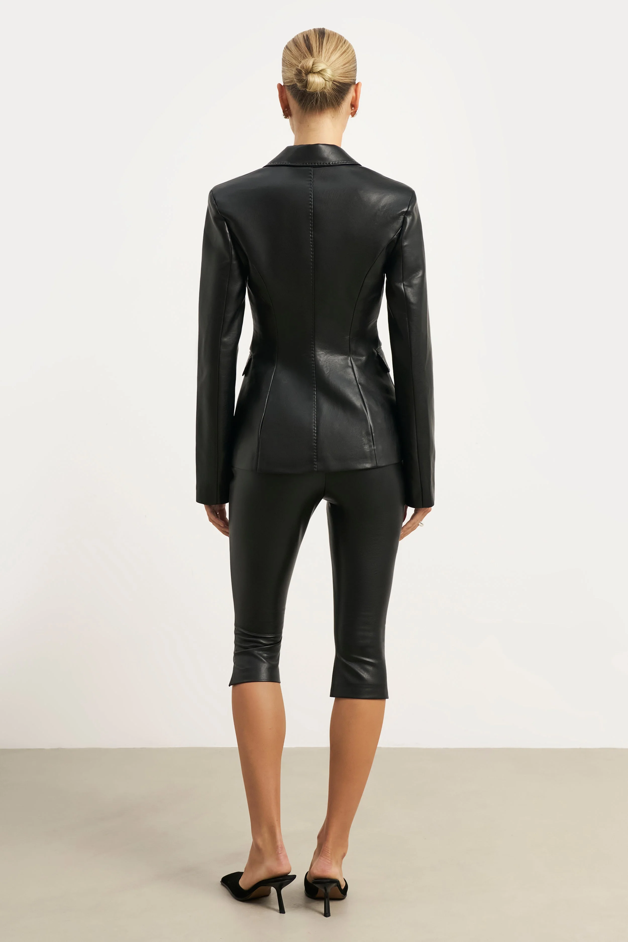 Cinched Waist Leather Blazer - Black - Image 8