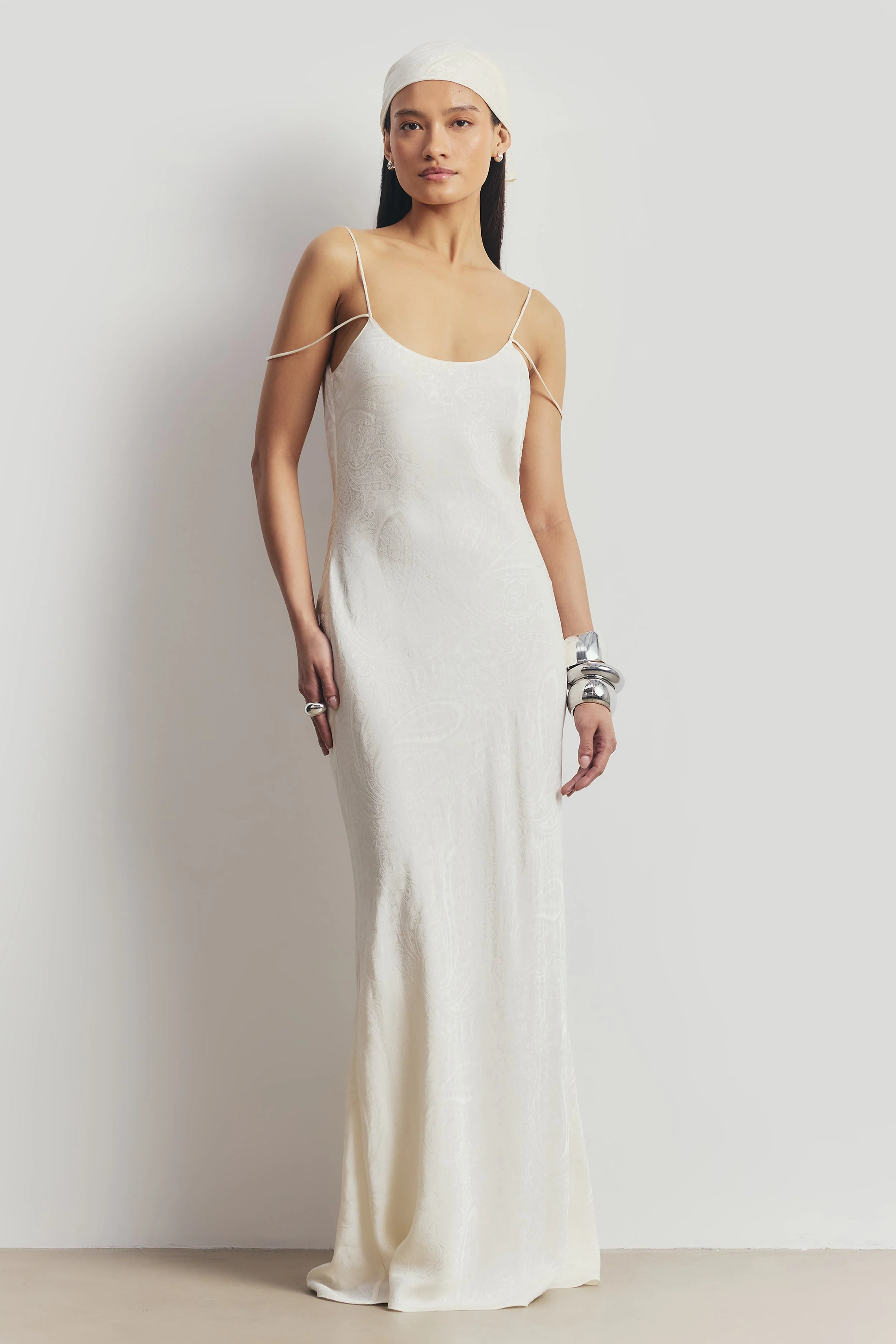 Satin Jacquard Cowl Back Camisole Maxi Dress - Cream - Image 4