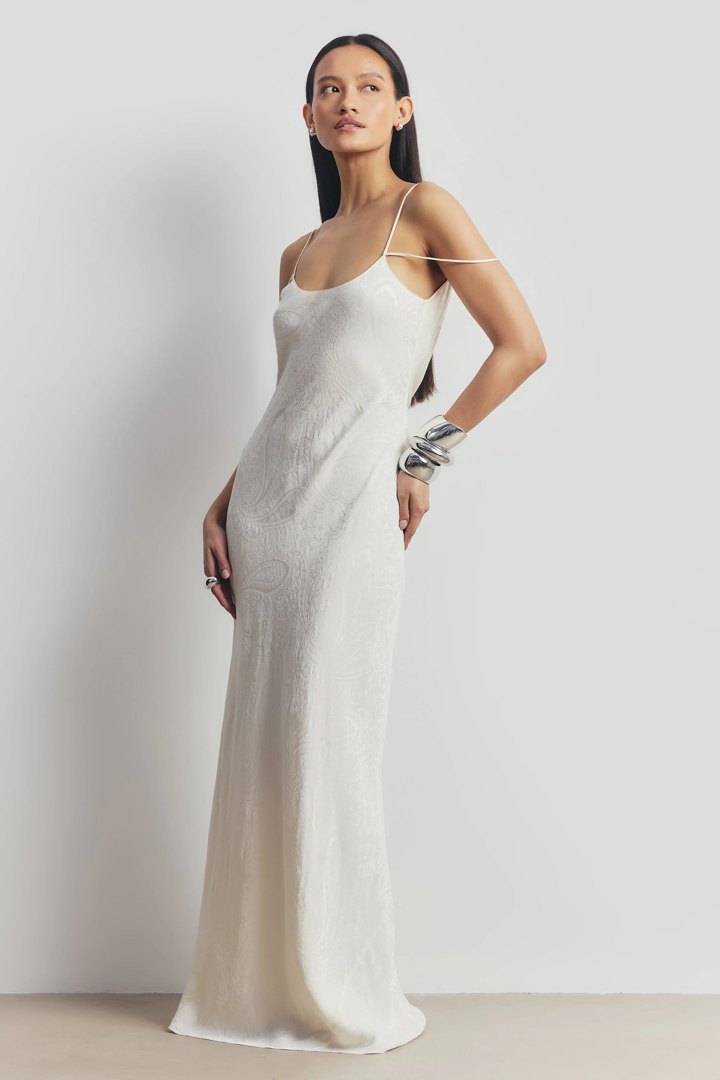Satin Jacquard Cowl Back Camisole Maxi Dress - Cream - Image 6