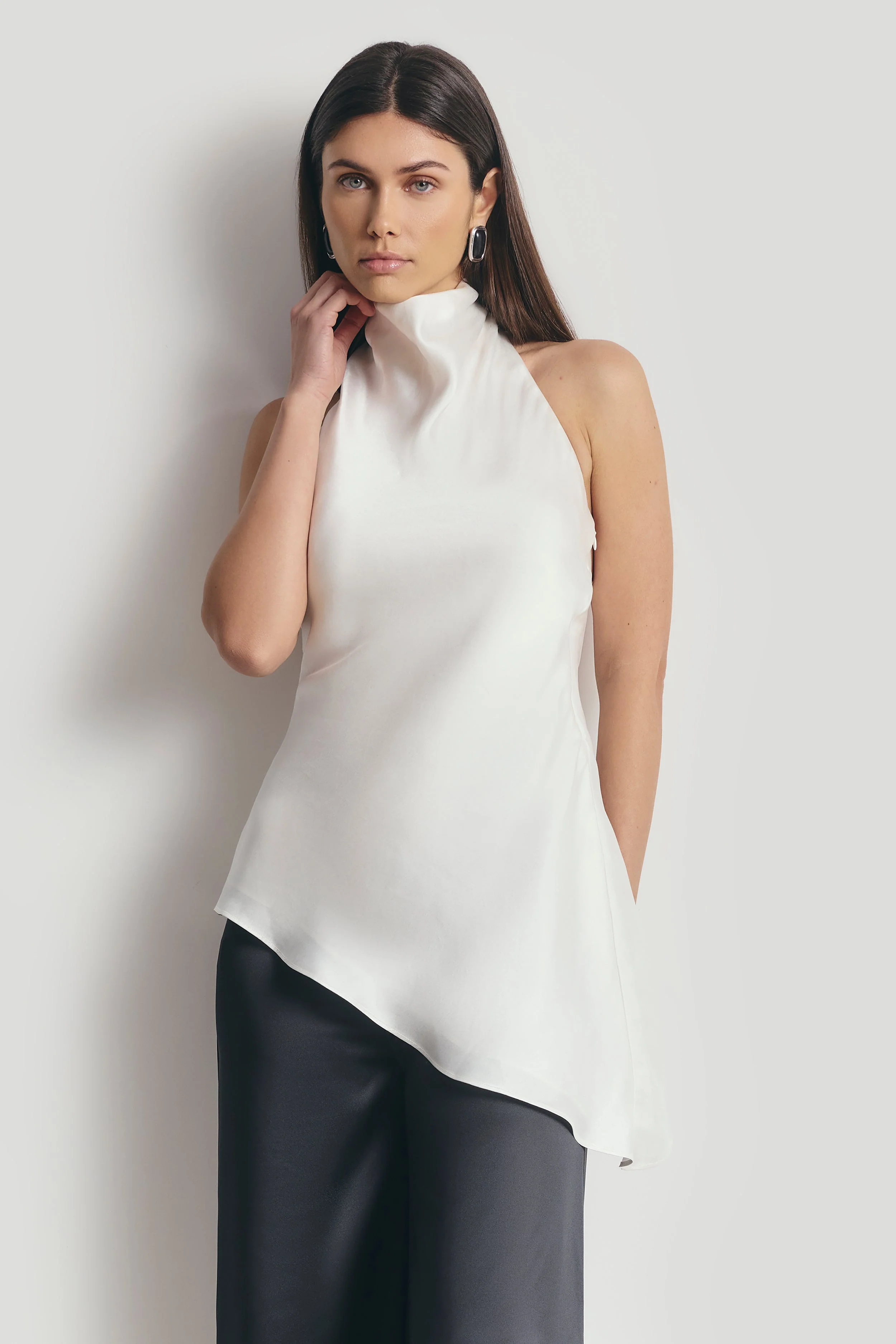 Cowl Neck Asymmetric Top - White - Image 3