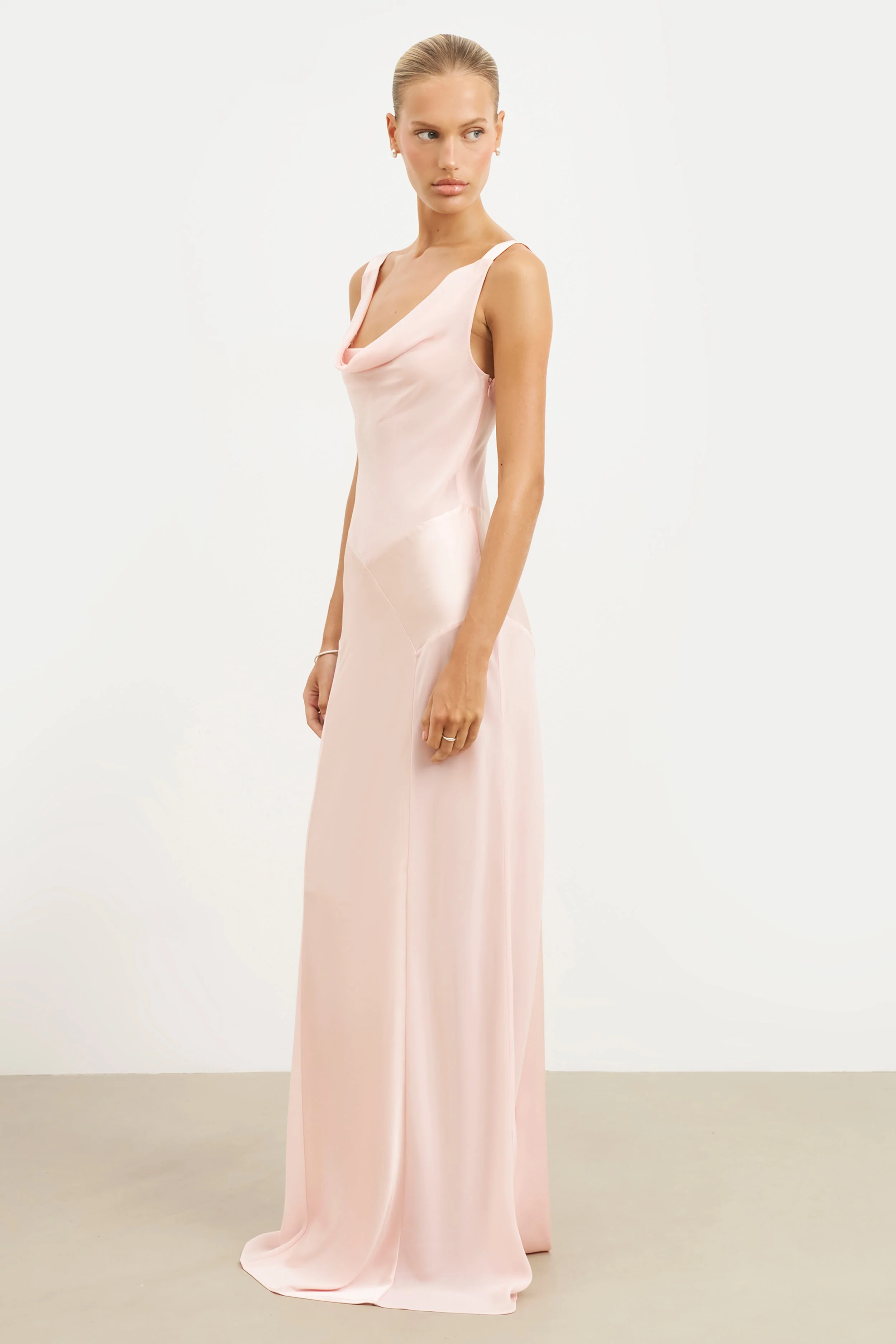 Sheer Chiffon Cowl Neck Satin Panel Gown - Blush - Image 5