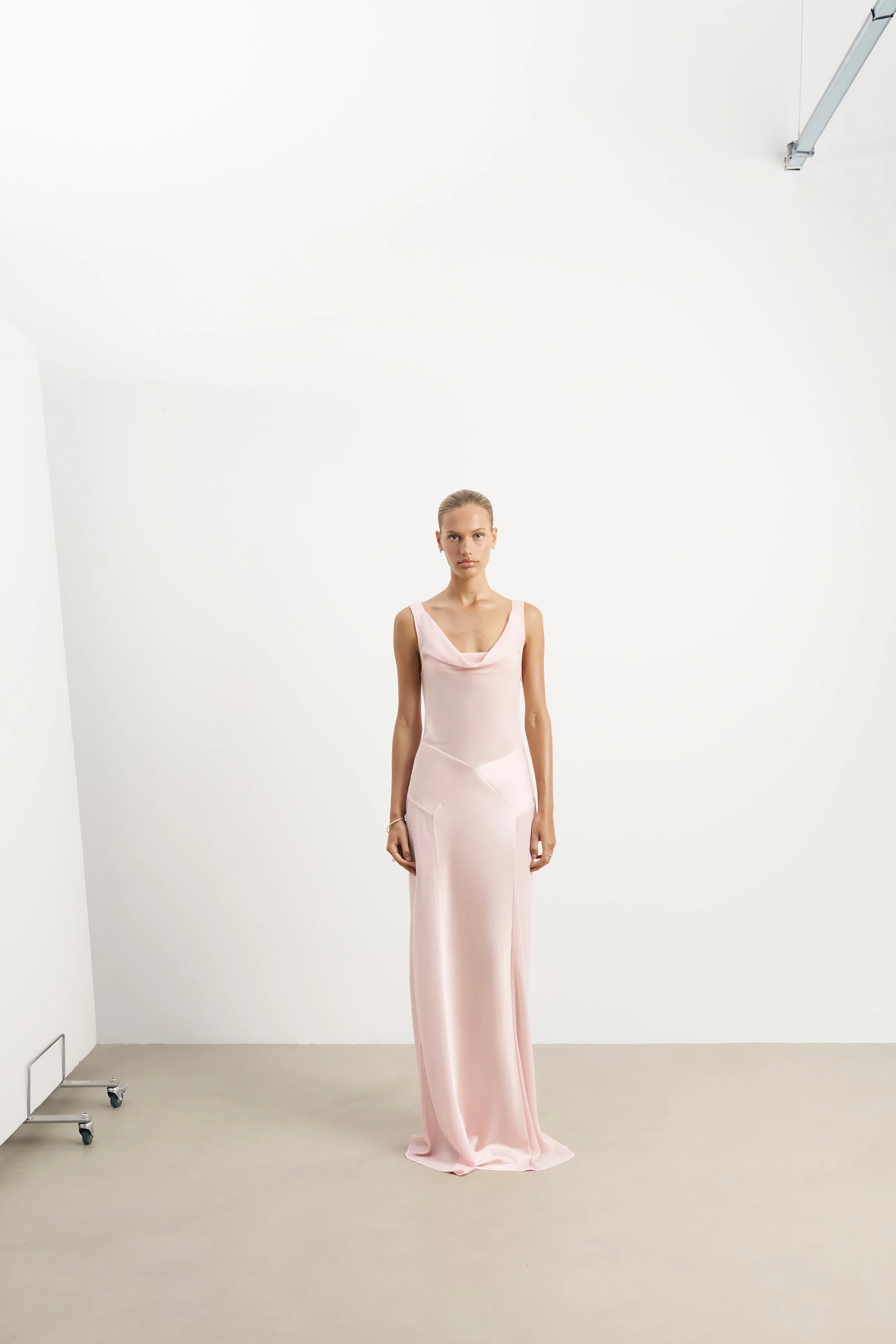 Sheer Chiffon Cowl Neck Satin Panel Gown - Blush - Image 6