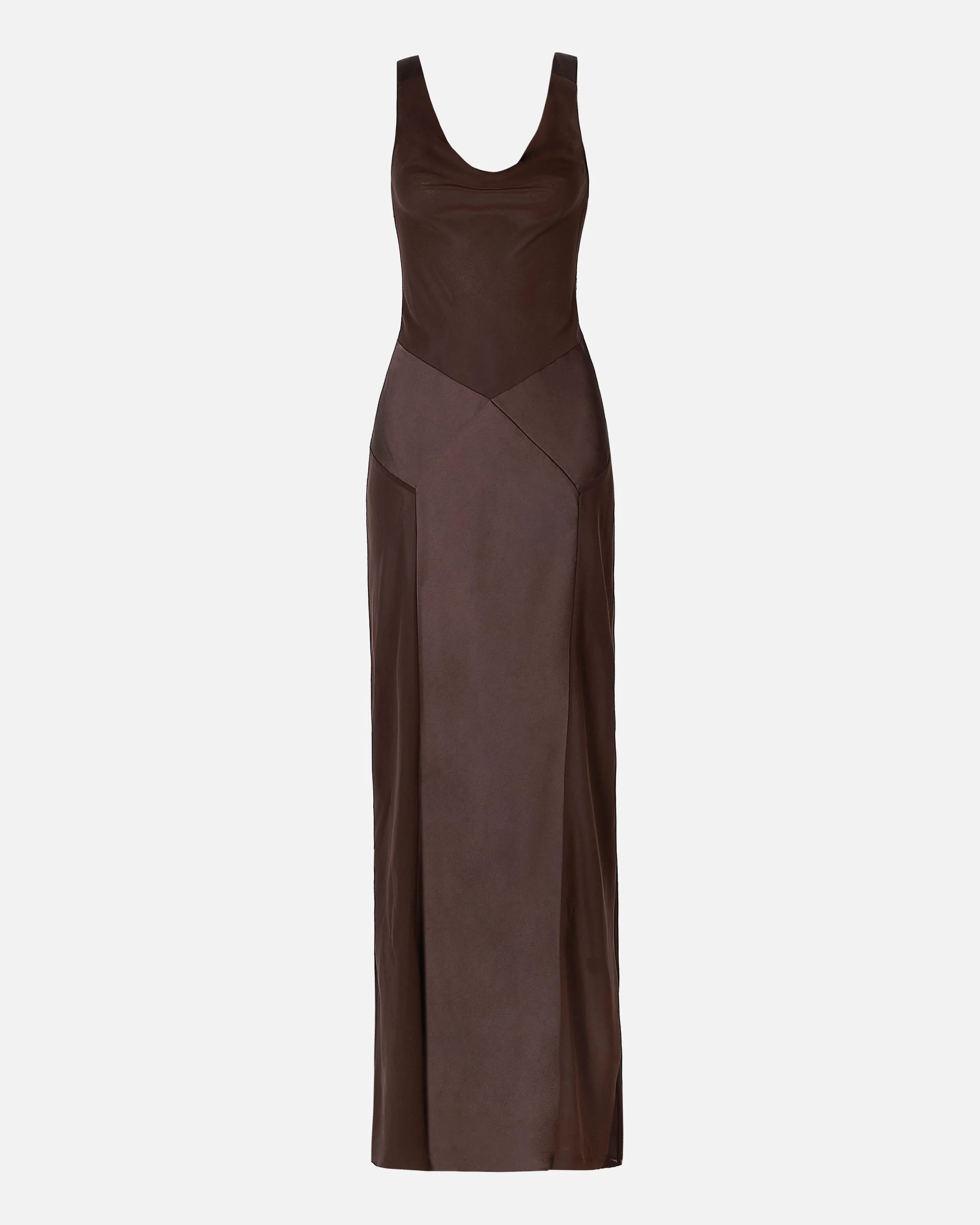 Sheer Chiffon Cowl Neck Satin Panel Gown - Carob - Image 11