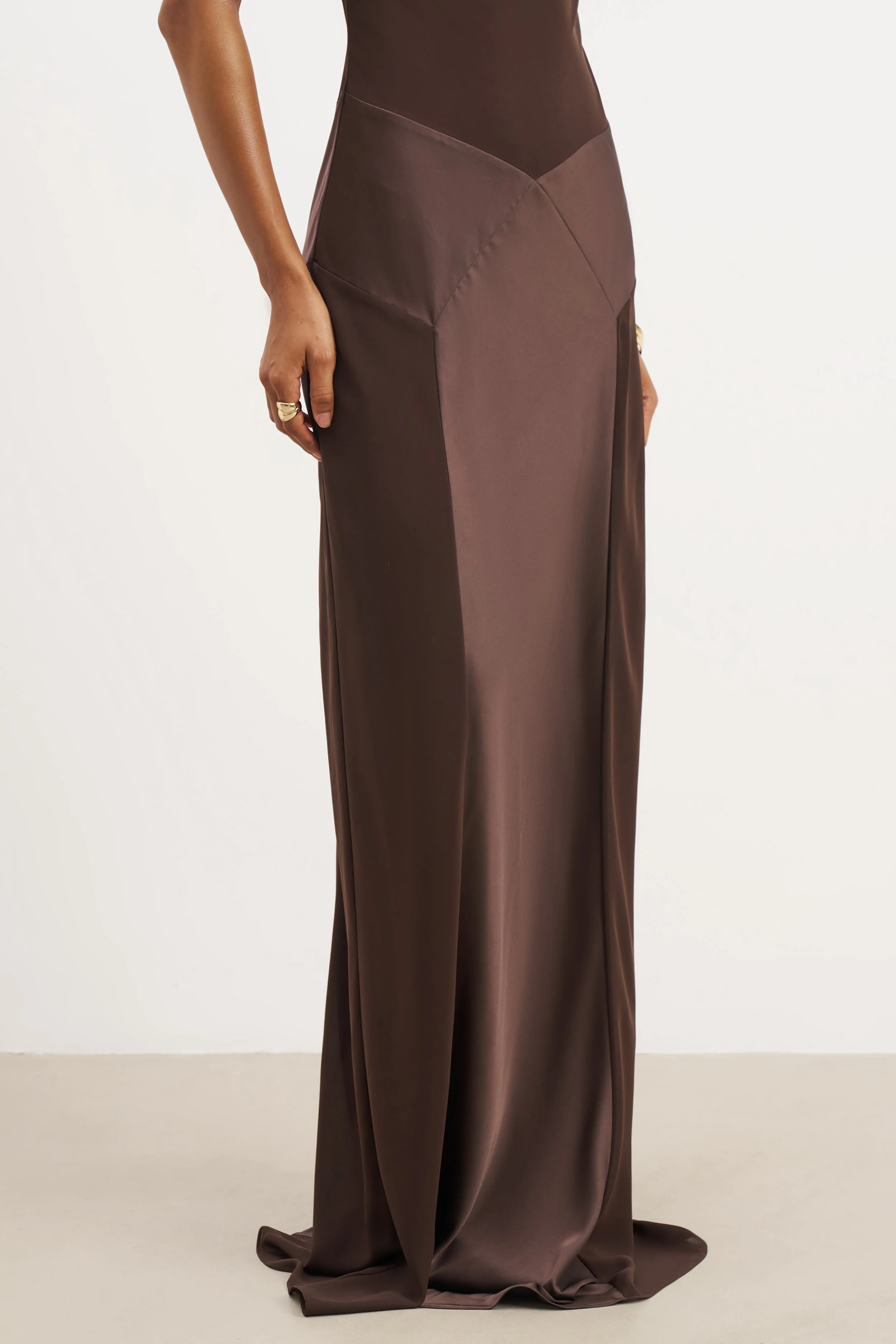 Sheer Chiffon Cowl Neck Satin Panel Gown - Carob - Image 4