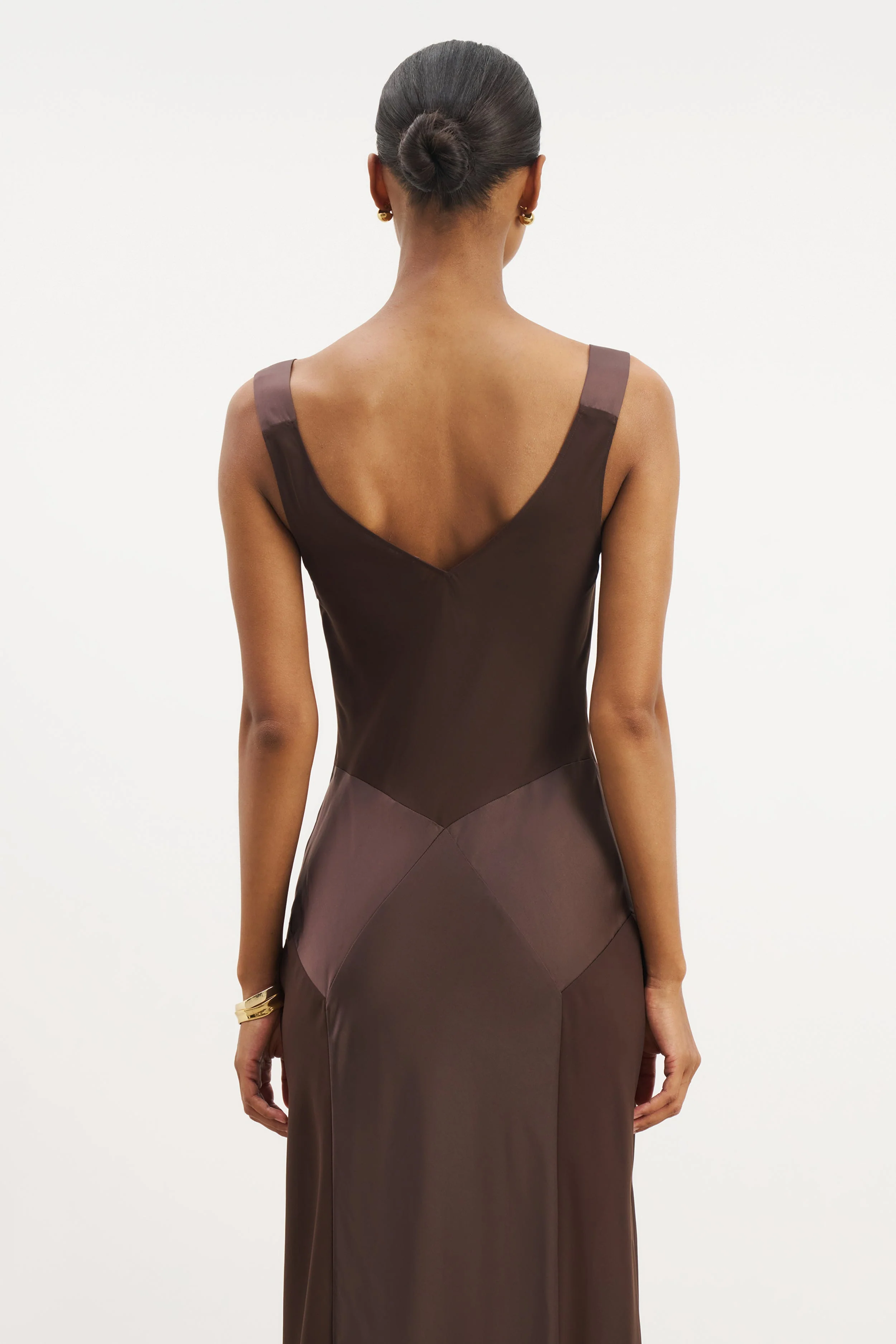 Sheer Chiffon Cowl Neck Satin Panel Gown - Carob - Image 9