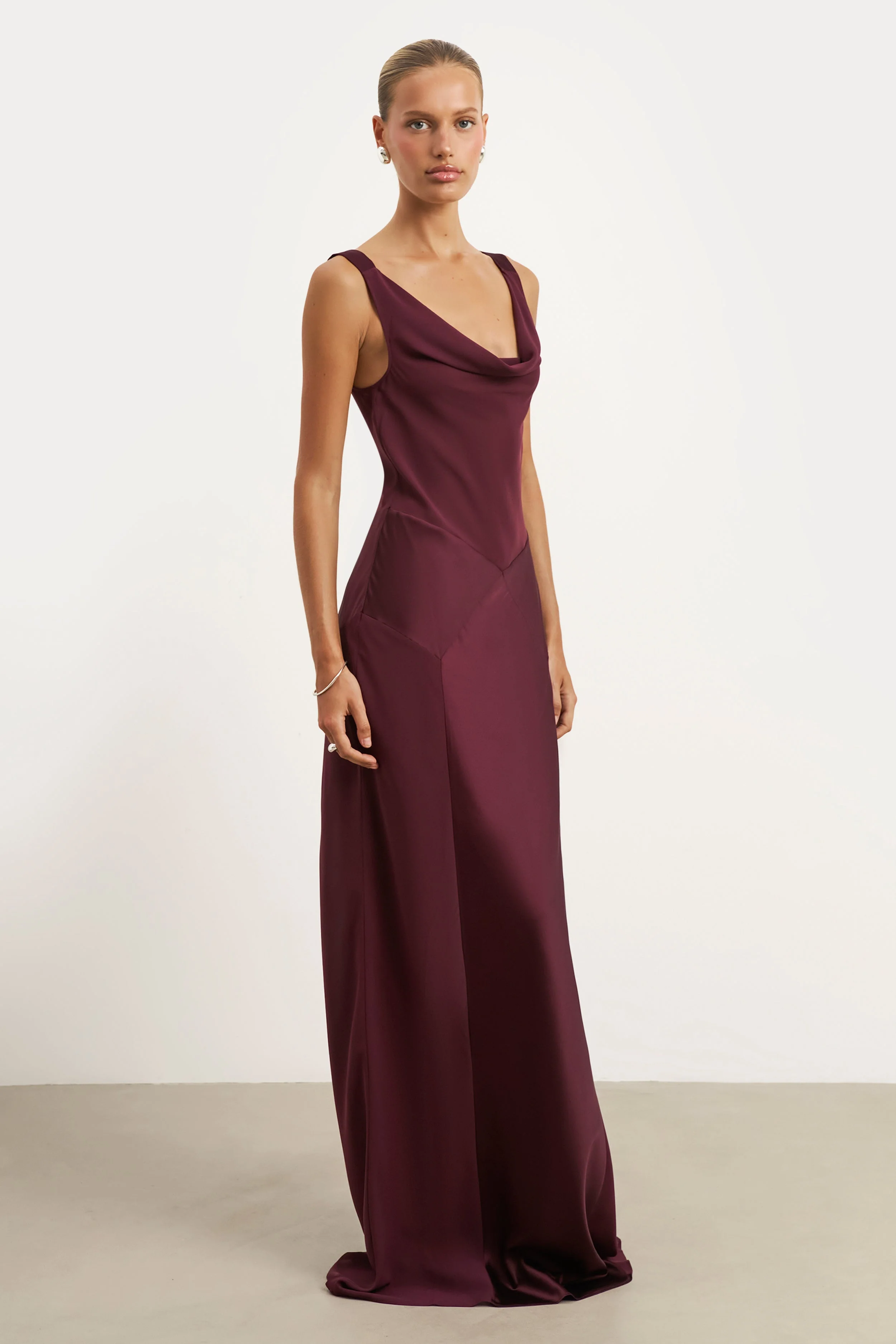 Sheer Chiffon Cowl Neck Satin Panel Gown - Mulberry - Image 4