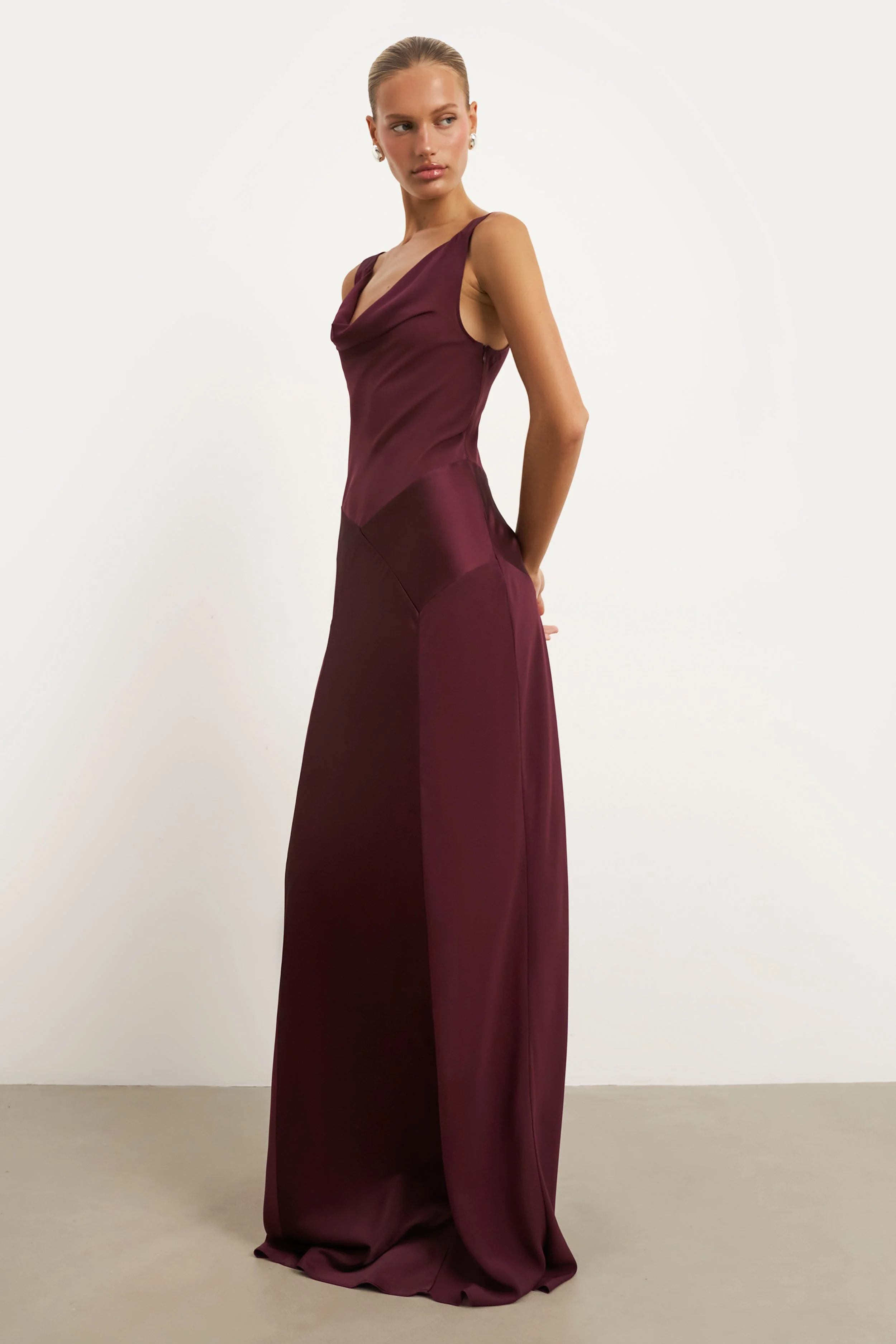 Sheer Chiffon Cowl Neck Satin Panel Gown - Mulberry - Image 6