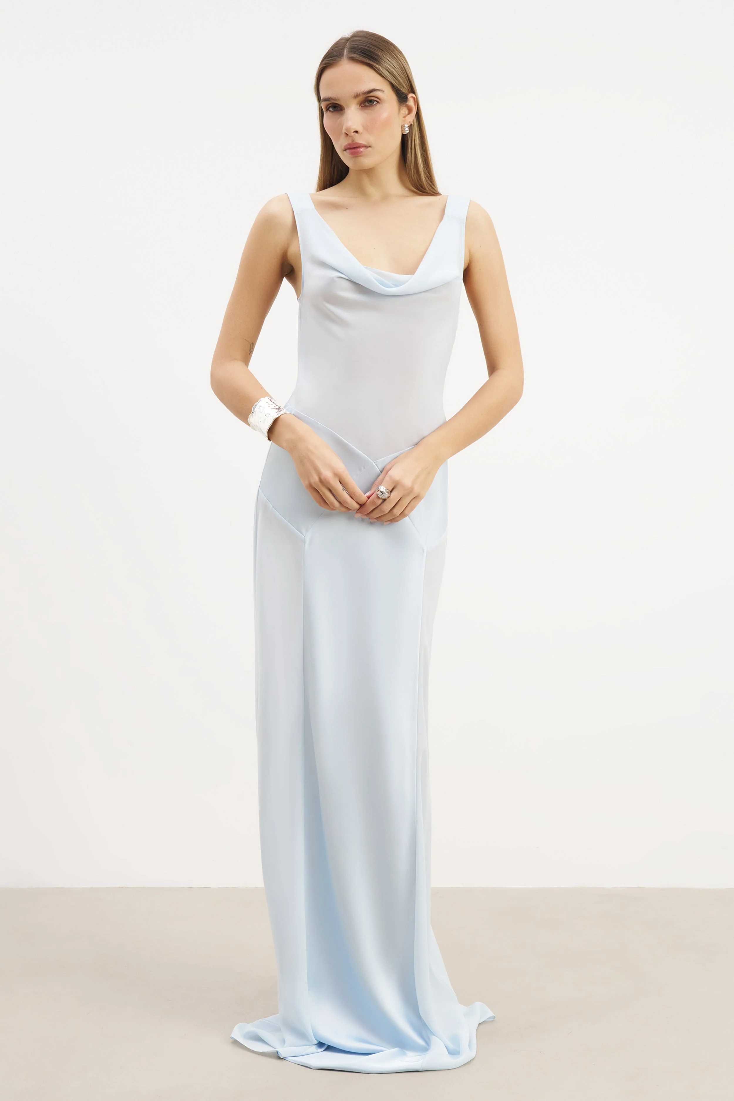 Sheer Chiffon Cowl Neck Satin Panel Gown - Powder Blue - Image 3