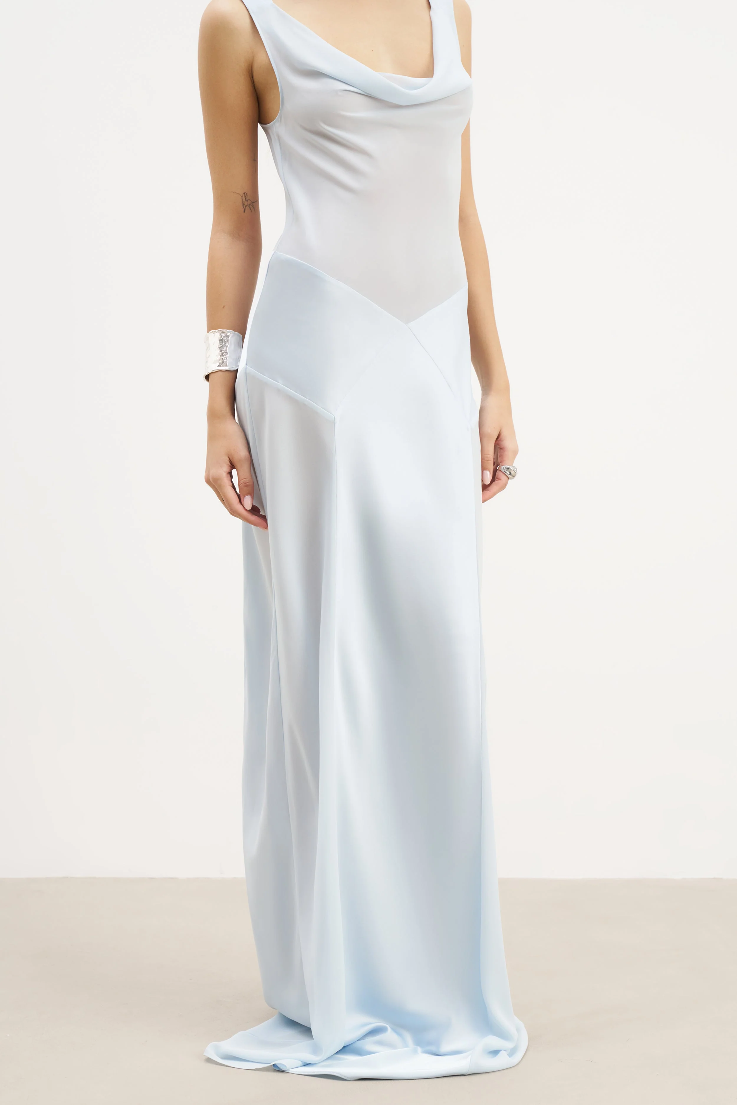 Sheer Chiffon Cowl Neck Satin Panel Gown - Powder Blue - Image 5