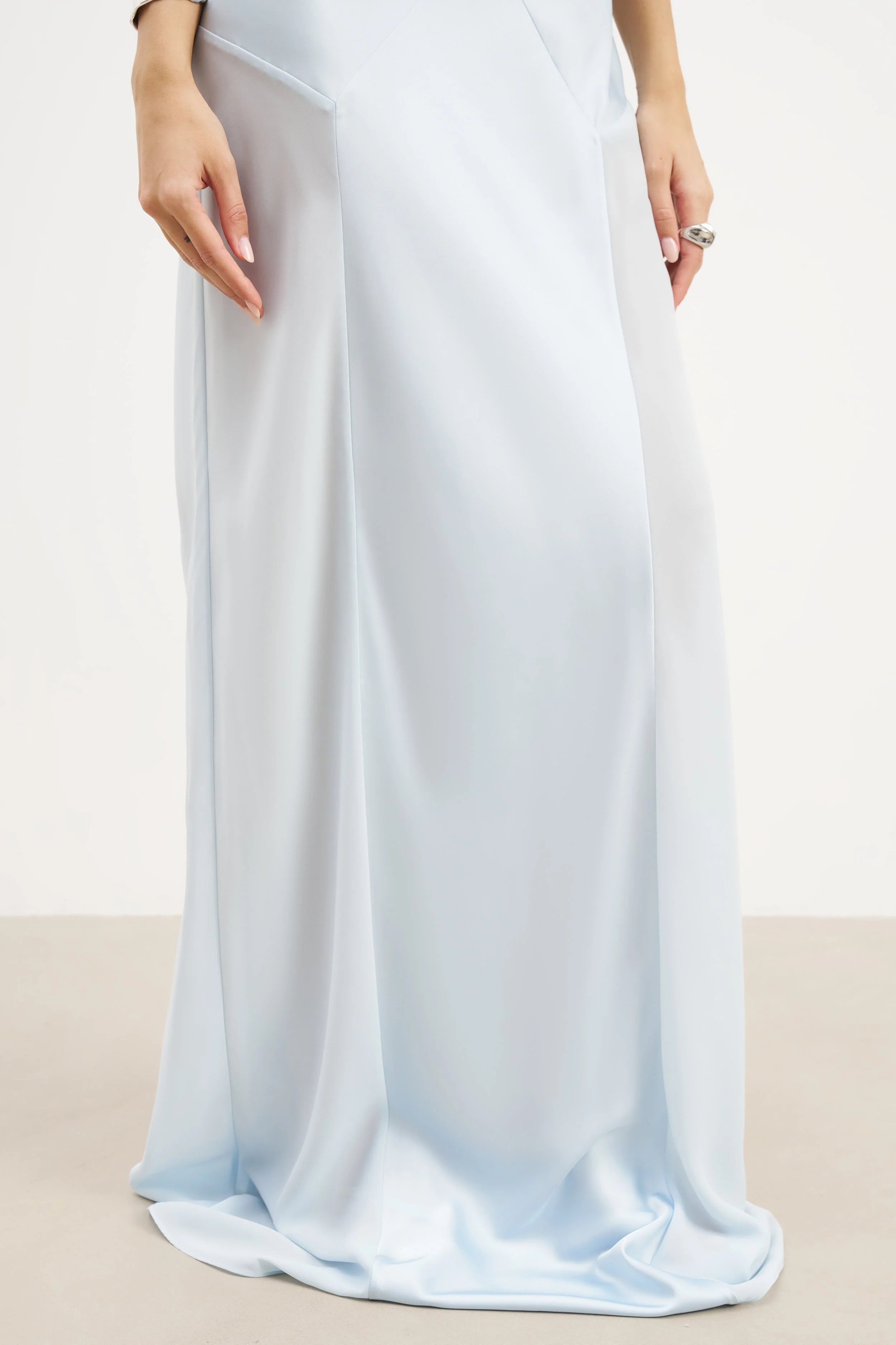 Sheer Chiffon Cowl Neck Satin Panel Gown - Powder Blue - Image 8
