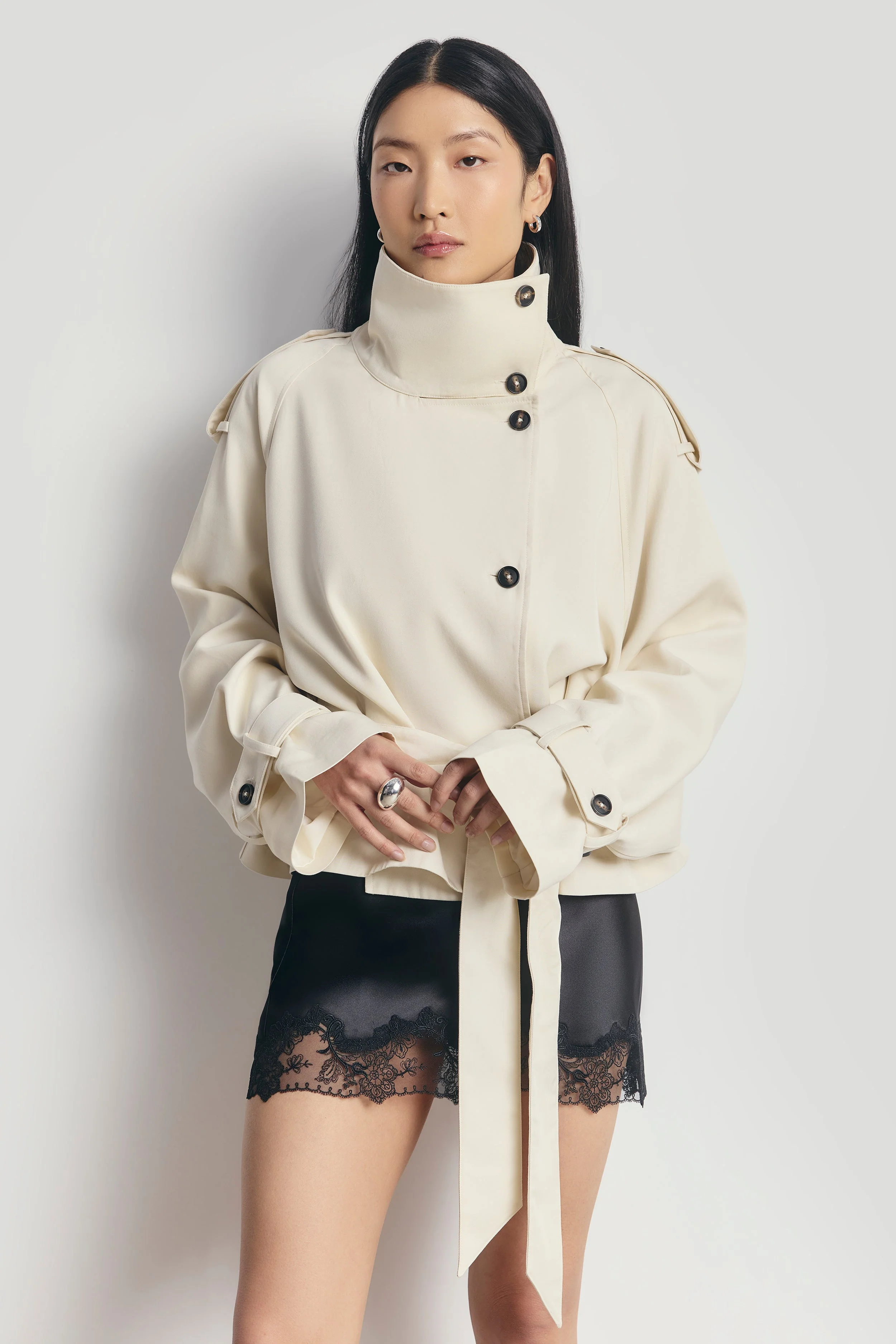 Cropped Funnel Neck Trench - Ecru - Image 2
