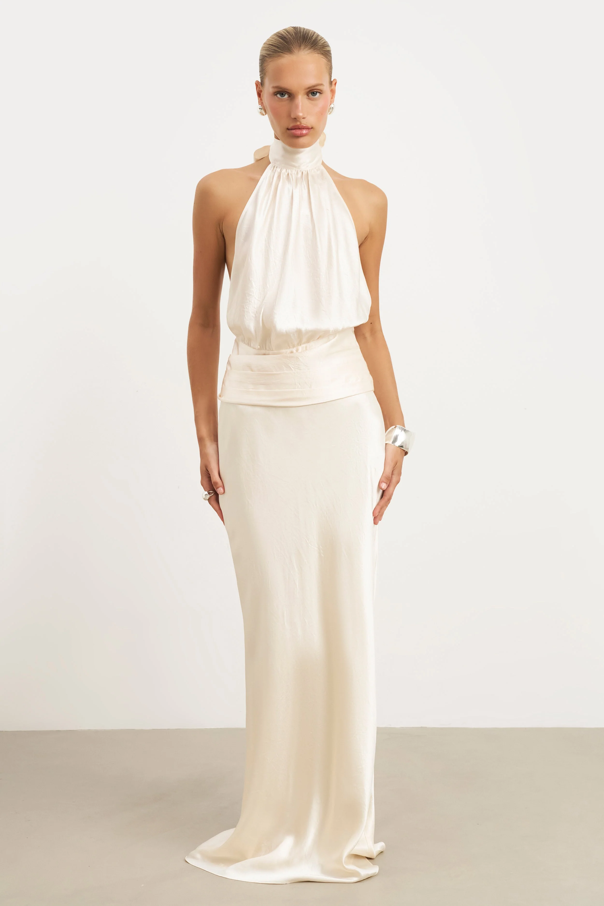 Crushed Satin Backless Halterneck Top - Champagne - Image 2