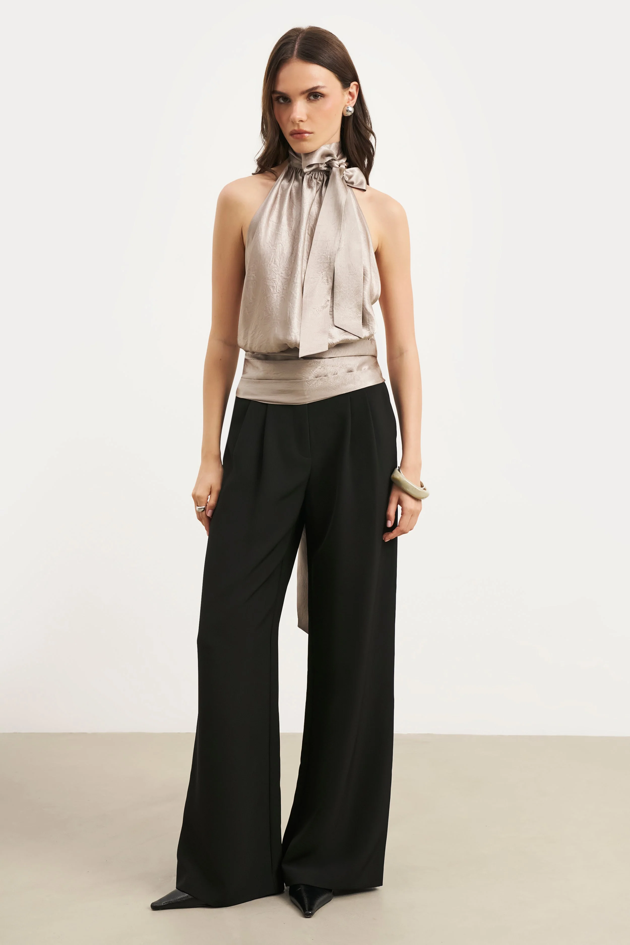 Crushed Satin Backless Halterneck Top - Pebble - Image 3