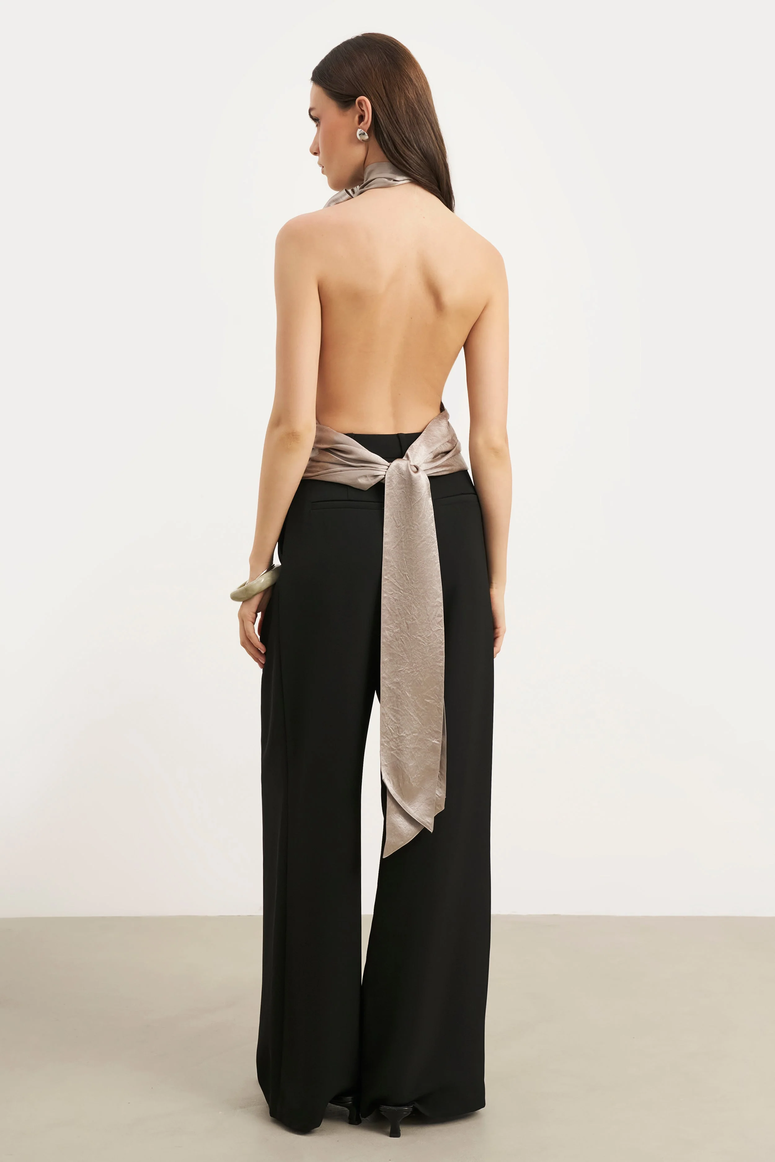 Crushed Satin Backless Halterneck Top - Pebble - Image 4