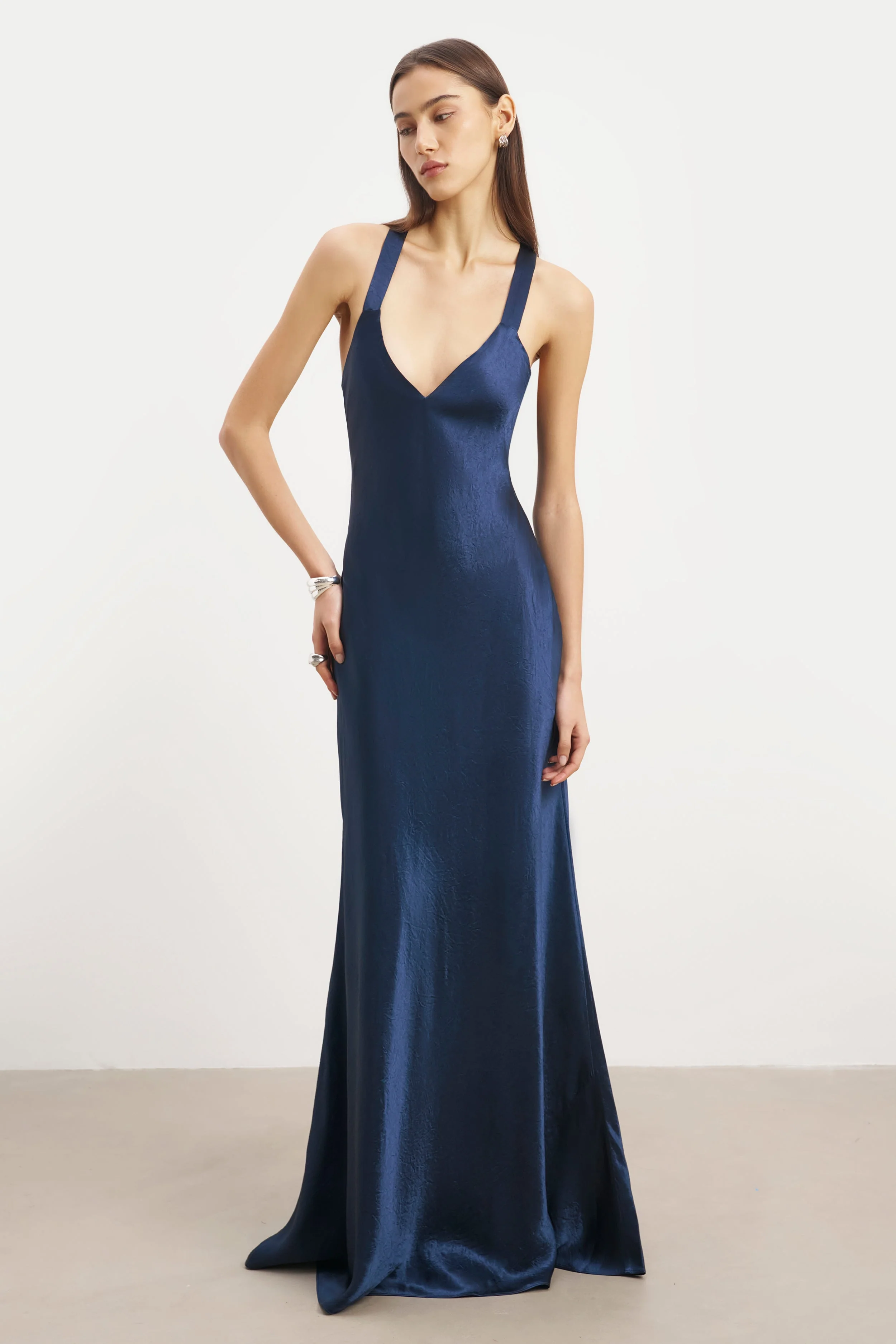 Crushed Satin Cross Back Gown - Navy - Image 4