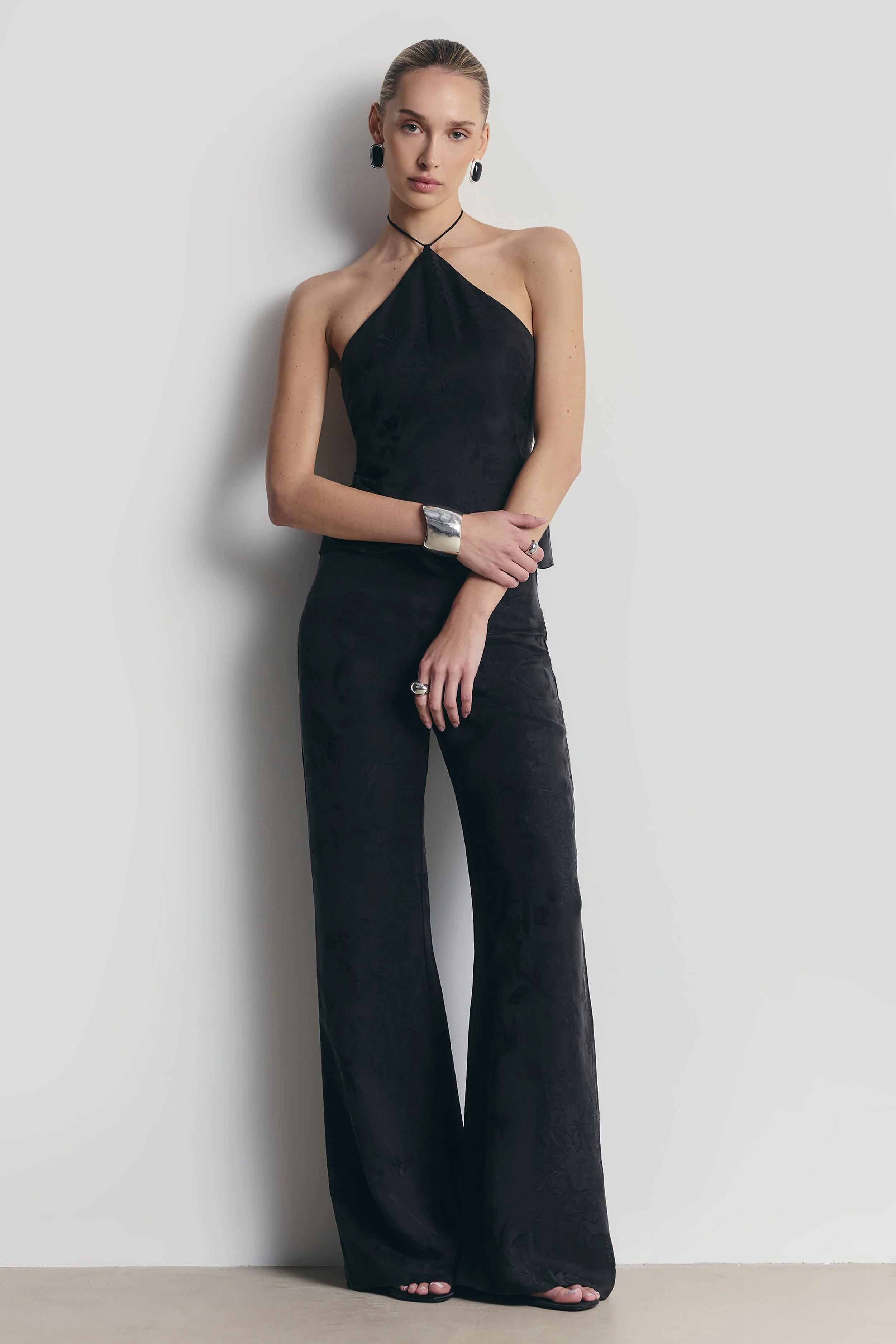 Cupro Jacquard Tailored Halterneck Top - Charcoal - Image 4