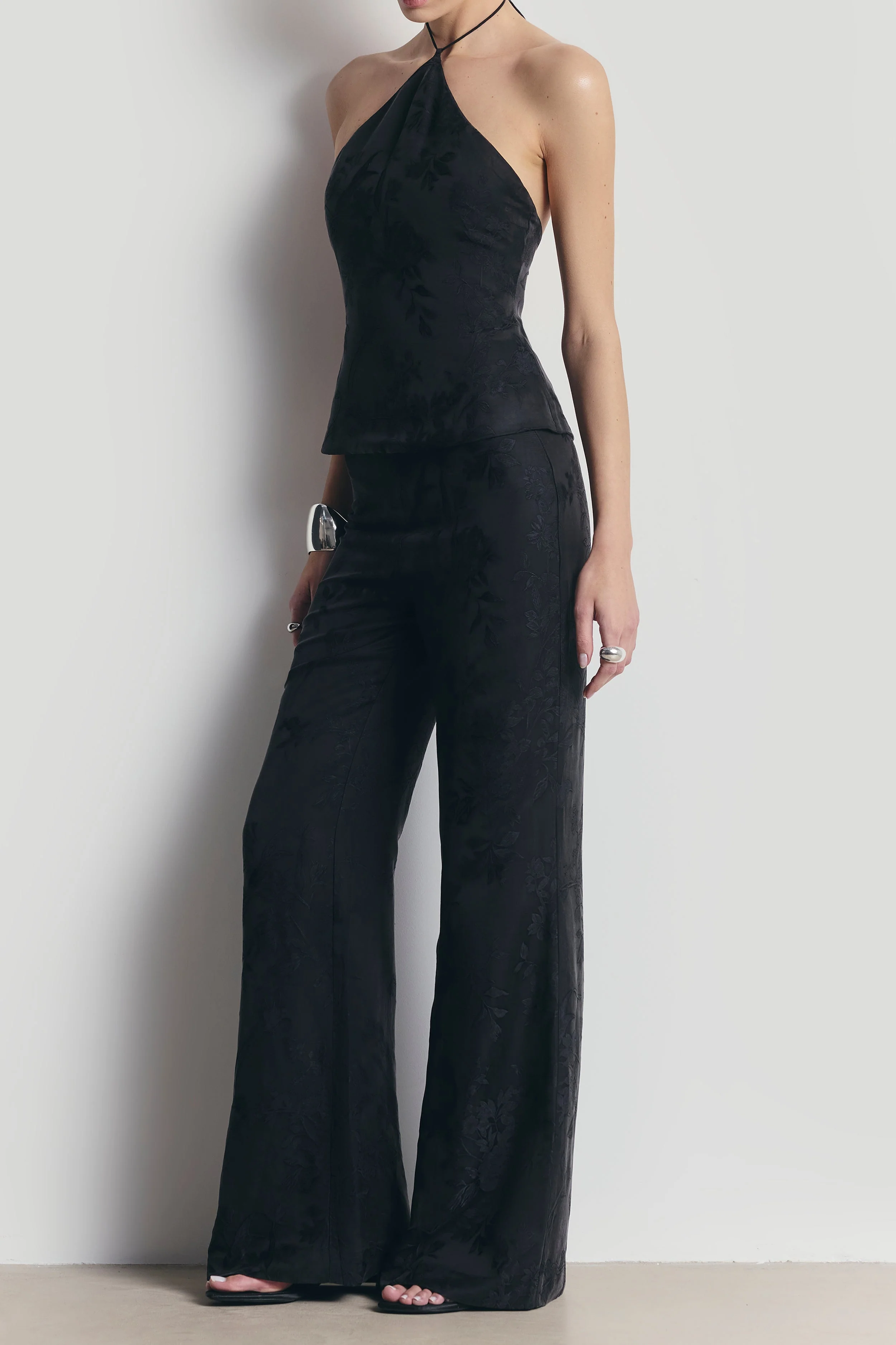 Cupro Jacquard Tailored Wide Leg Trousers - Charcoal - Image 5