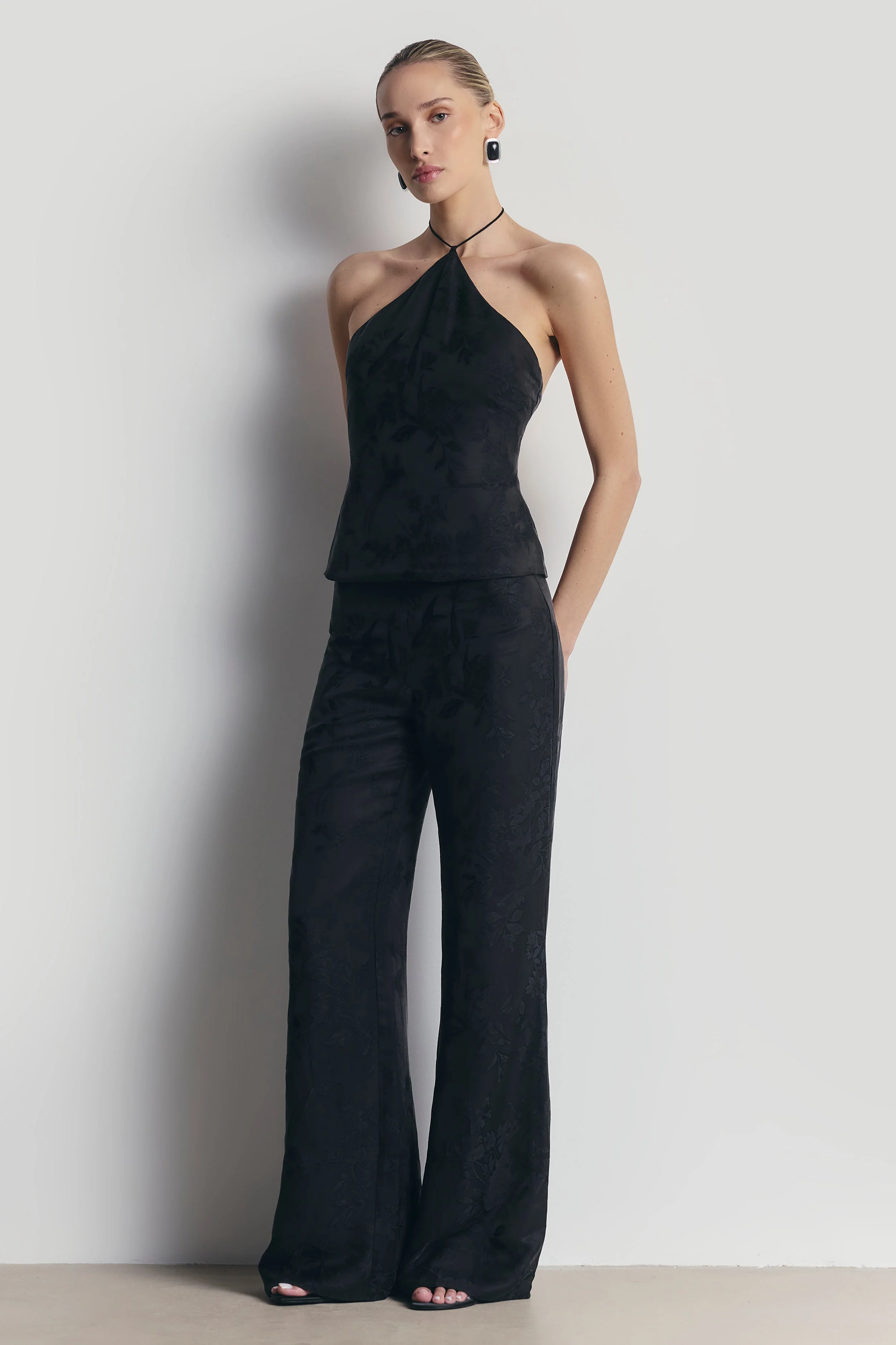 Cupro Jacquard Tailored Wide Leg Trousers - Charcoal - Image 6