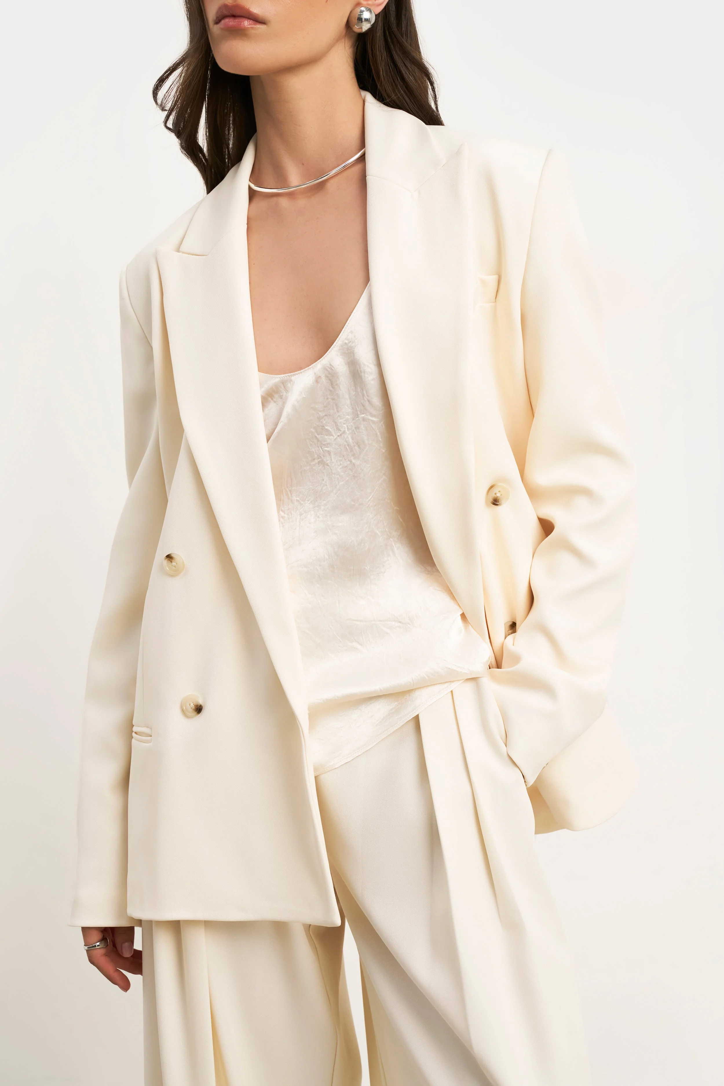 Dropped Waist Double Breasted Blazer - Cream - Image 3
