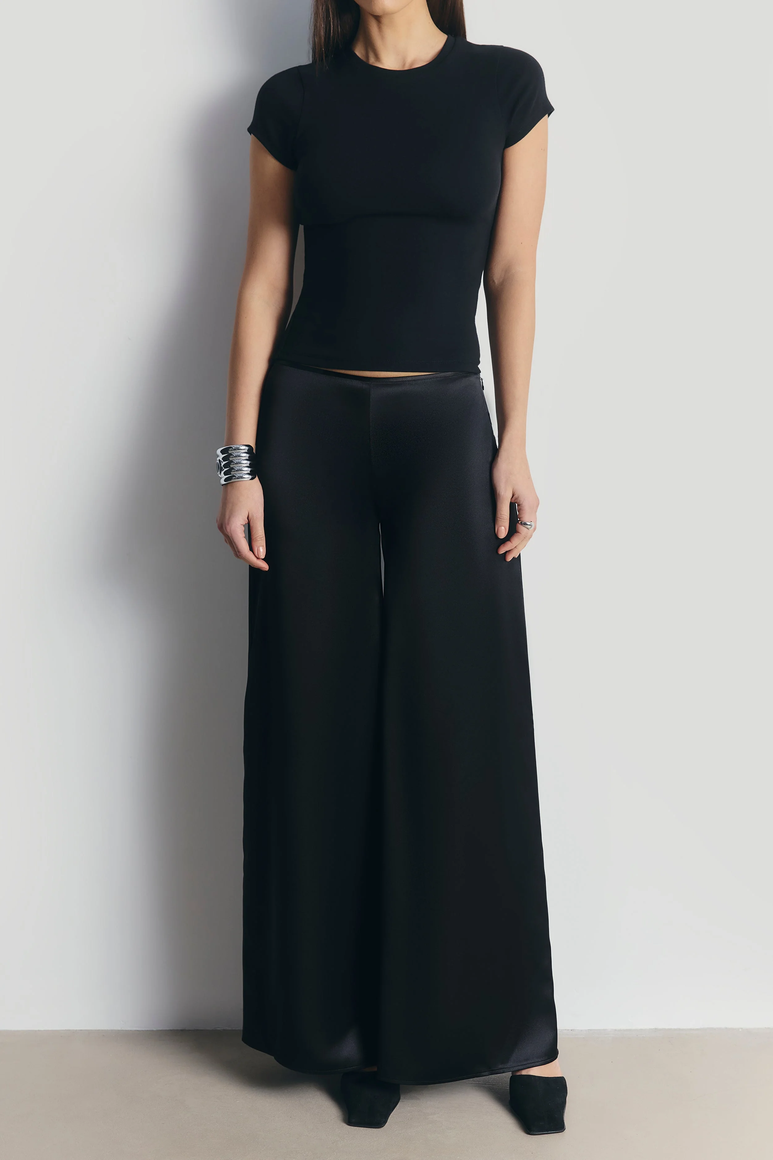 Formal Satin Ultra Wide Leg Trousers - Black - Image 2