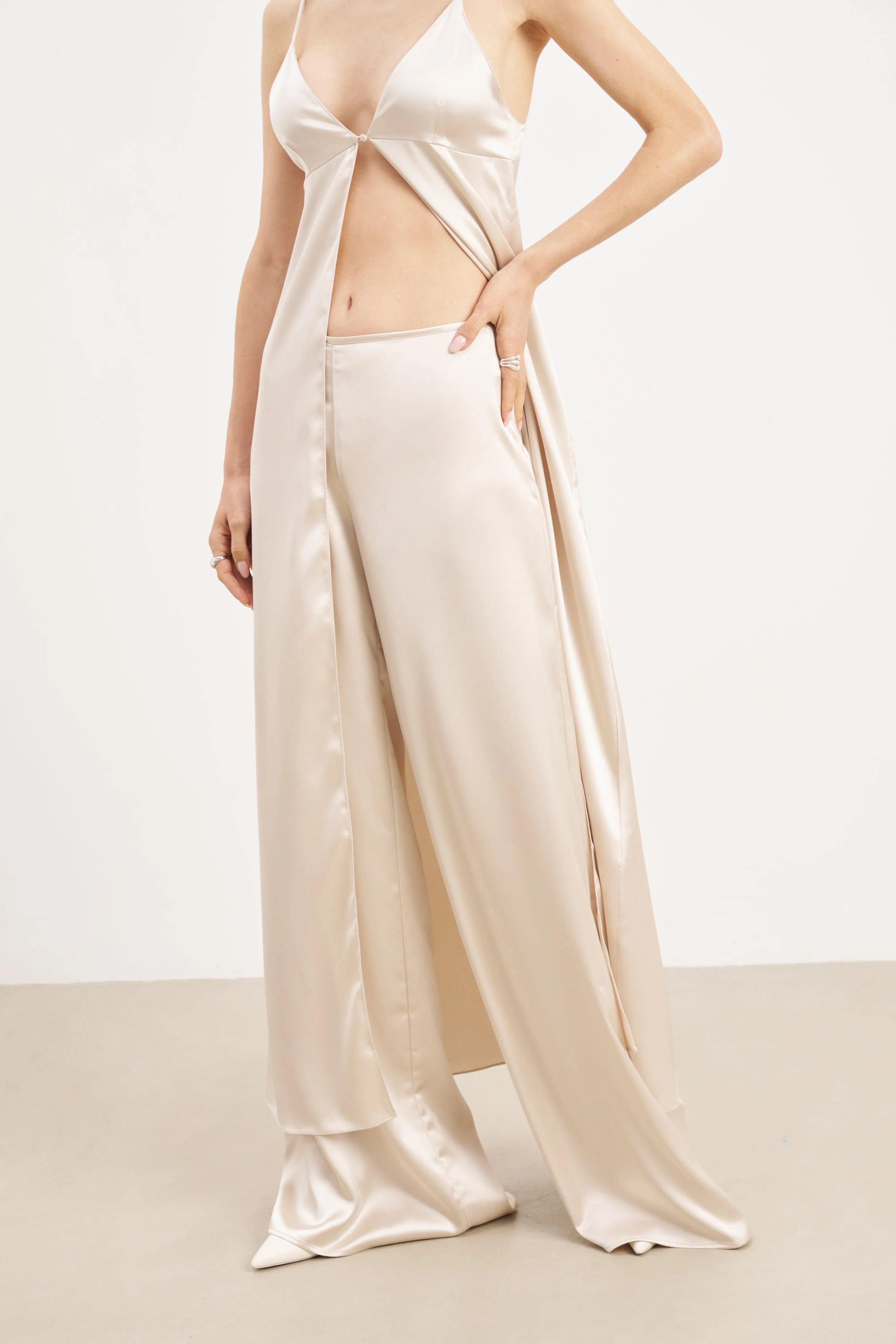 Formal Satin Ultra Wide Leg Trousers - Champagne - Image 3