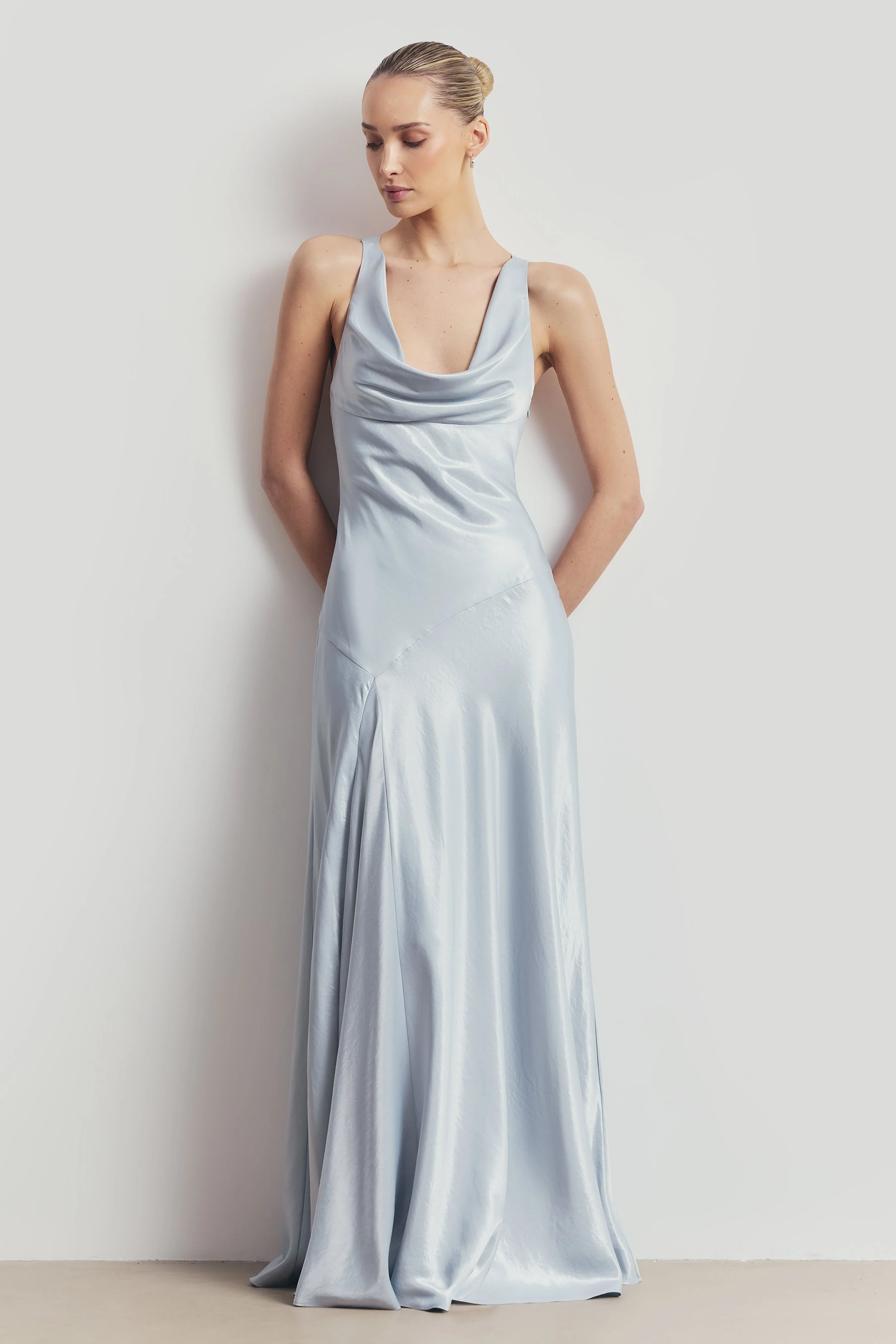 High Gloss Satin Asymmetric Panel Gown - Frost - Image 4