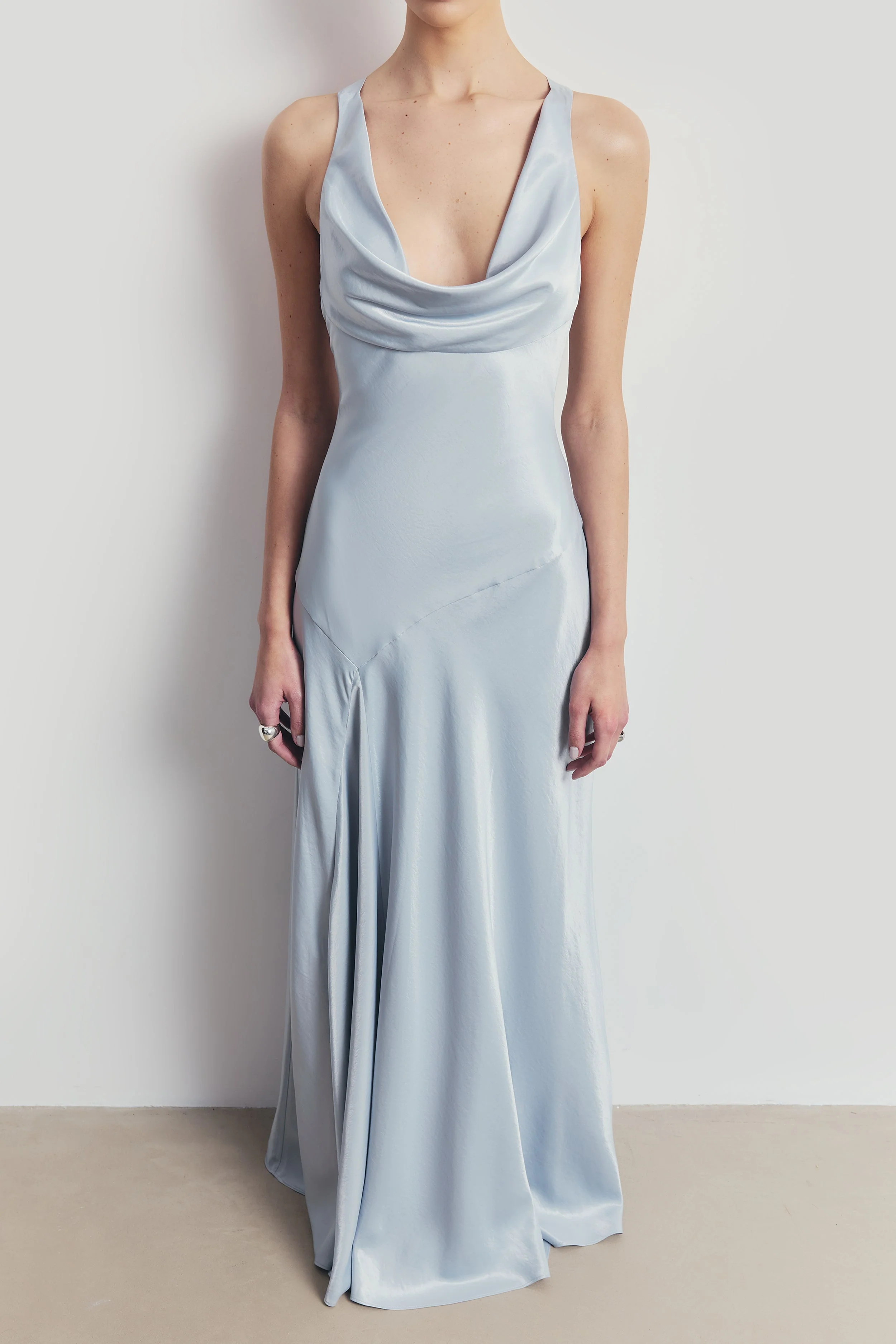 High Gloss Satin Asymmetric Panel Gown - Frost - Image 6