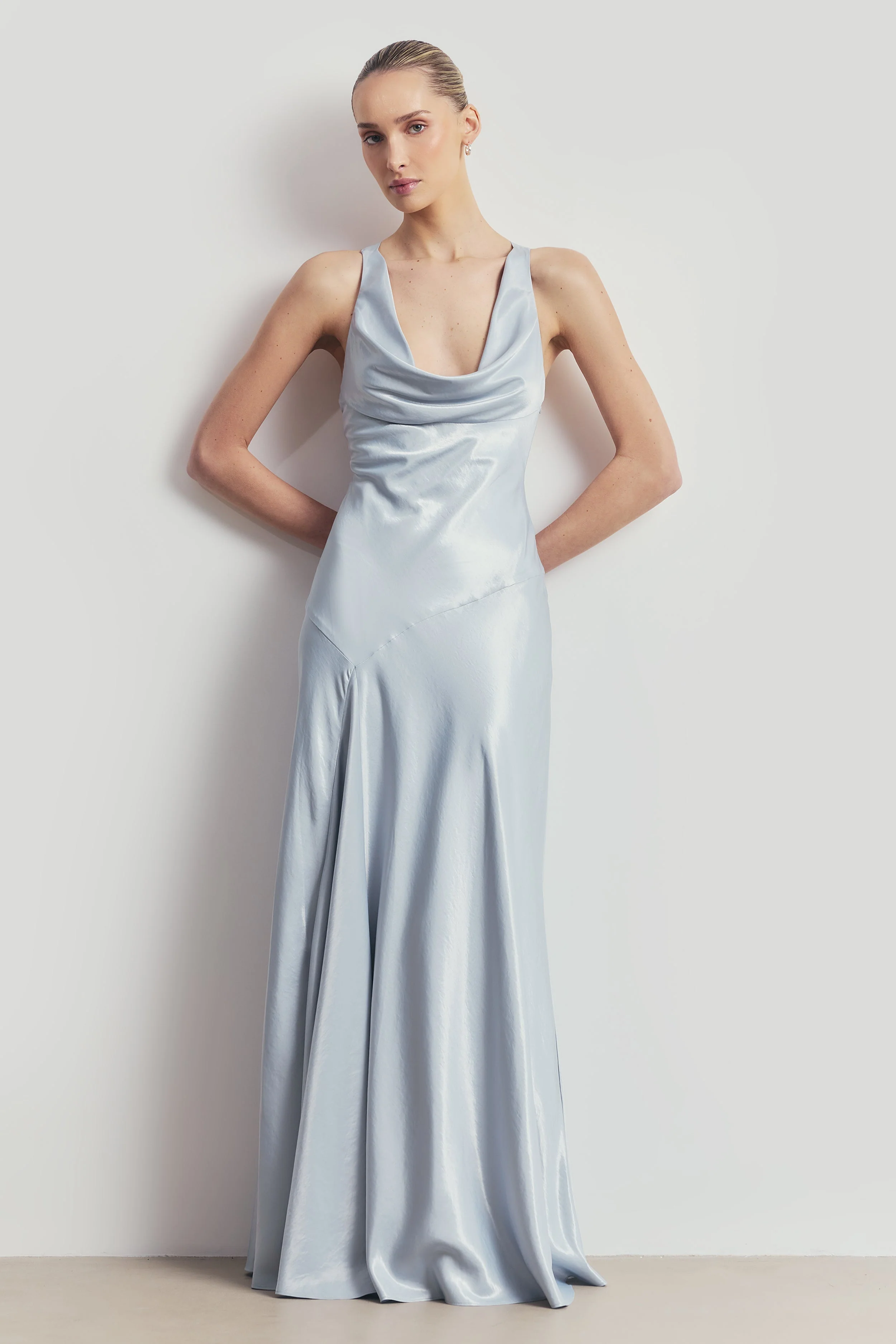 High Gloss Satin Asymmetric Panel Gown - Frost - Image 7