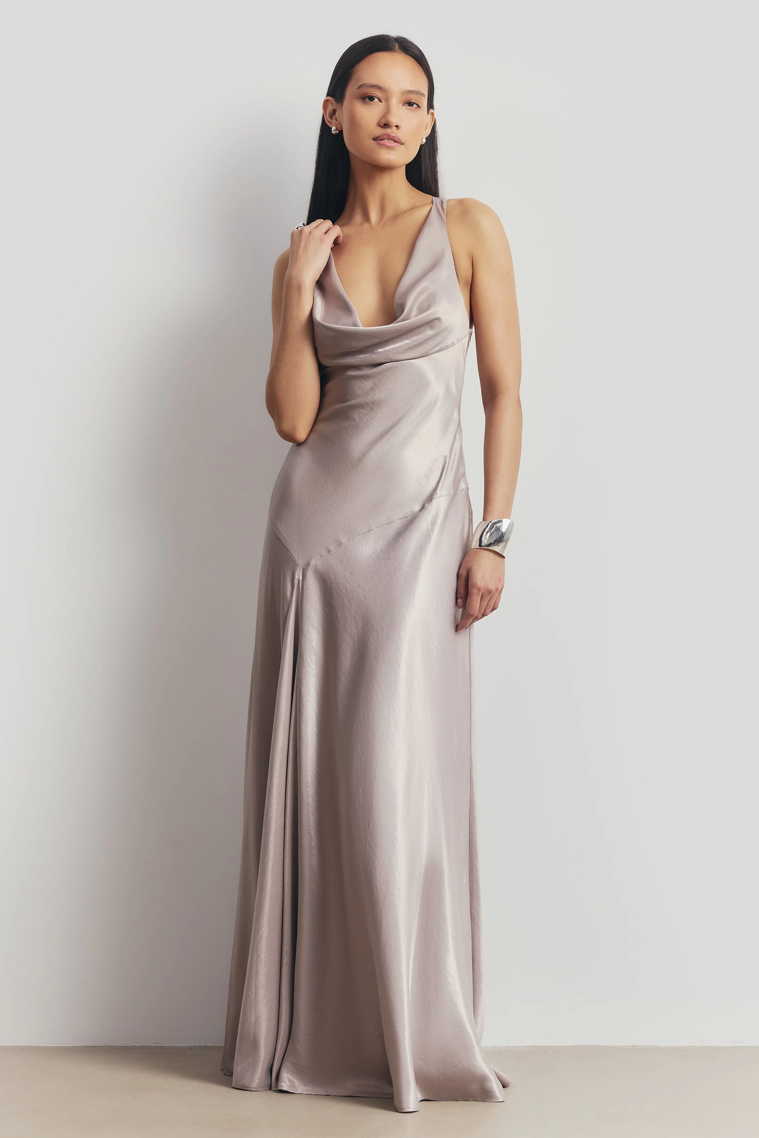 High Gloss Satin Asymmetric Panel Gown - Pebble - Image 5