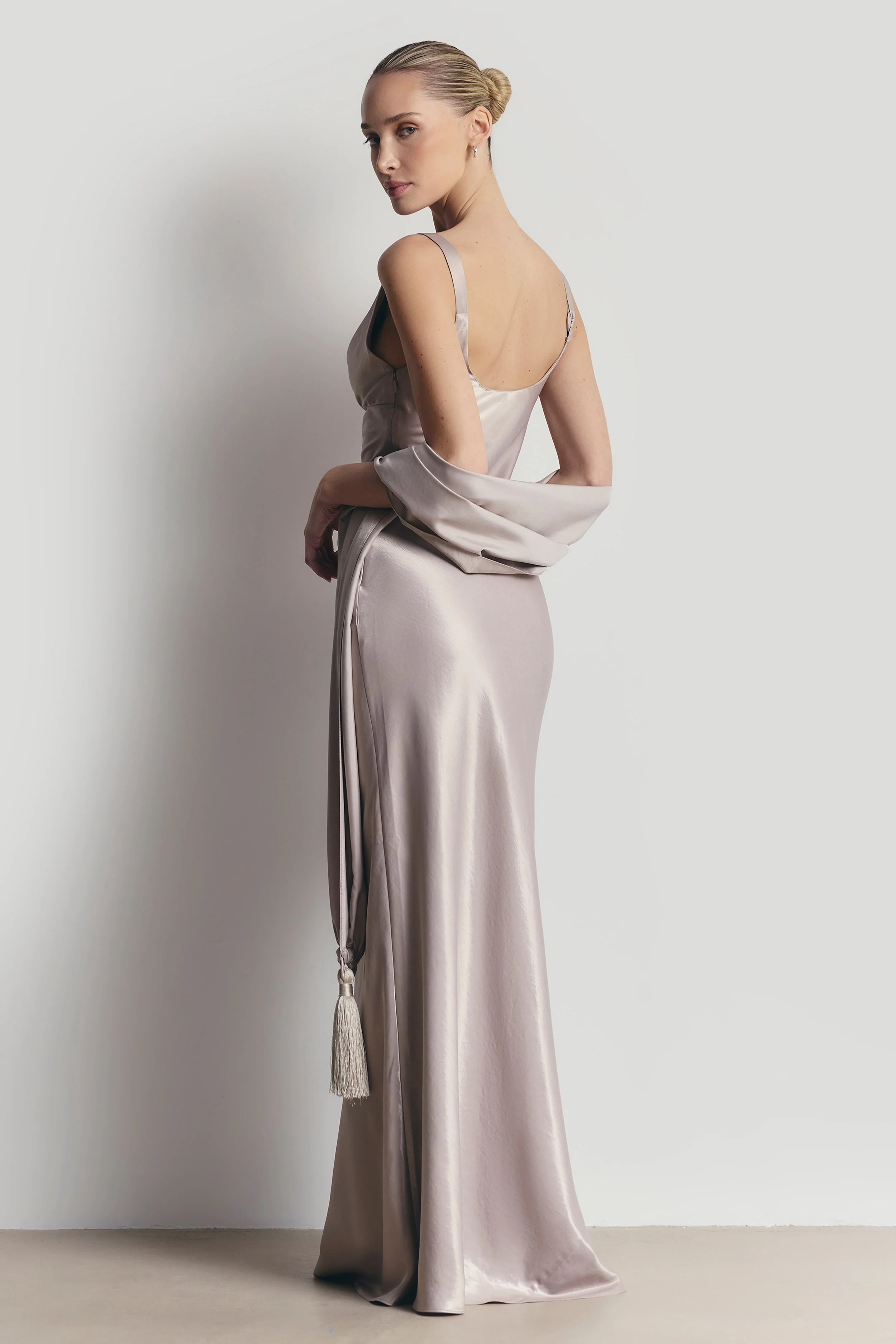 High Gloss Satin Cowl Neck Gown - Pebble - Image 7